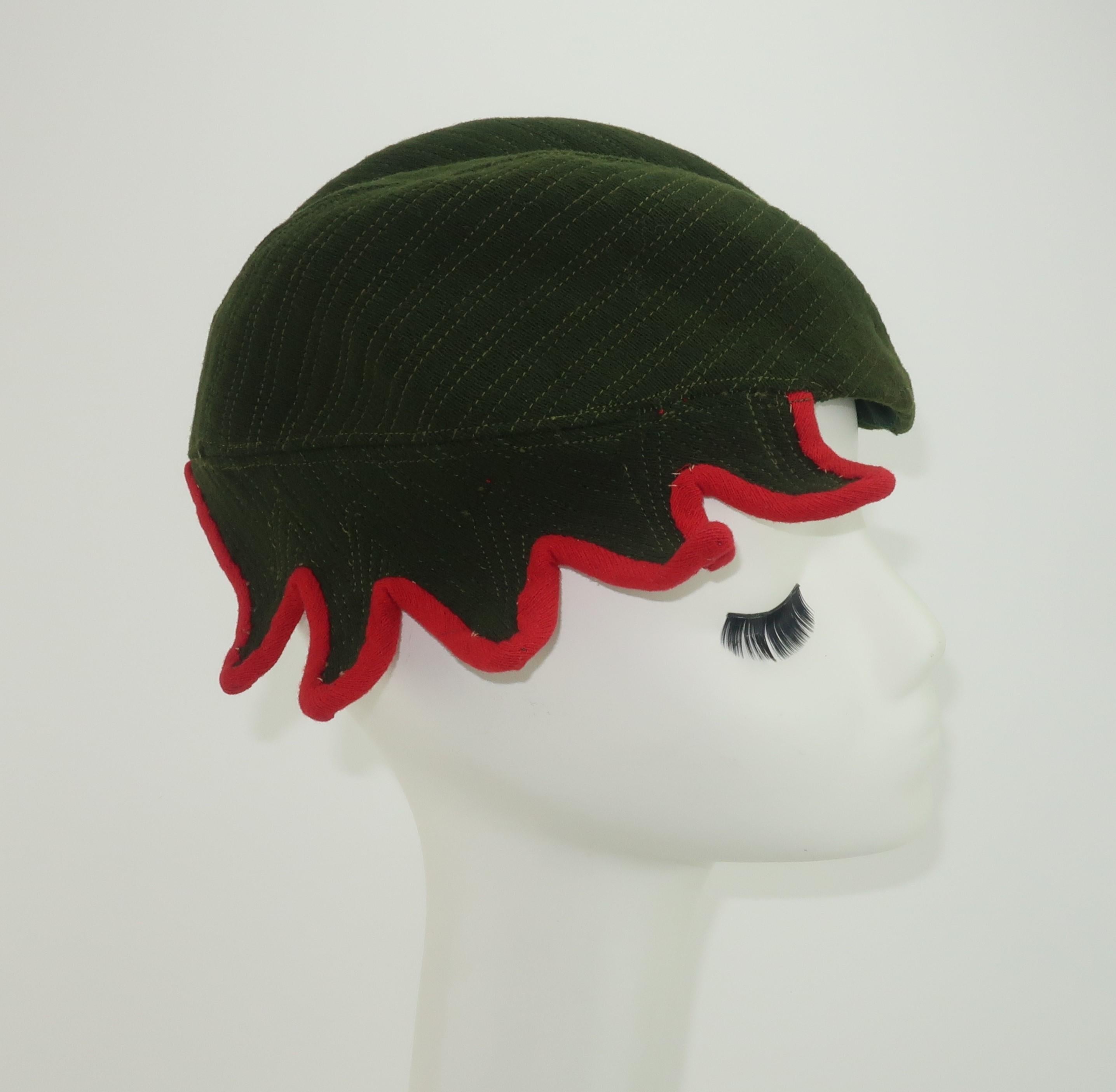 Black Ella Buchanan Gunn Army Green & Red Wool Cap Hat, 1940's