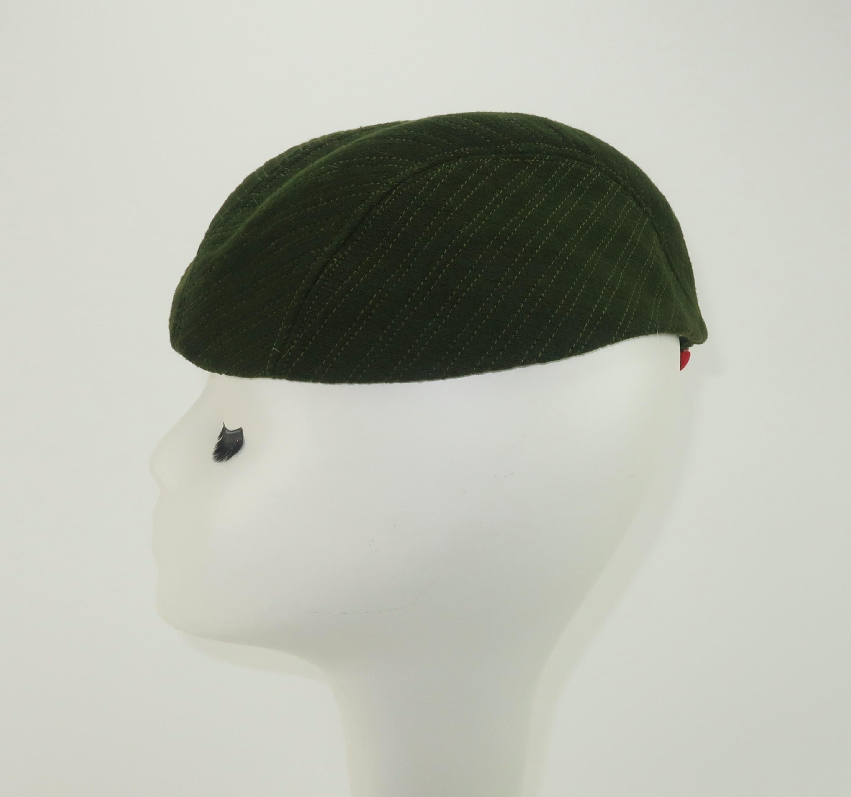 Women's Ella Buchanan Gunn Army Green & Red Wool Cap Hat, 1940's