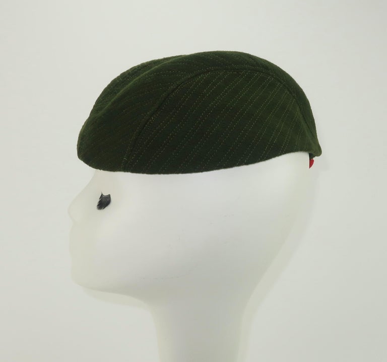 Ella Buchanan Gunn Army Green & Red Wool Cap Hat, 1940's For Sale 1