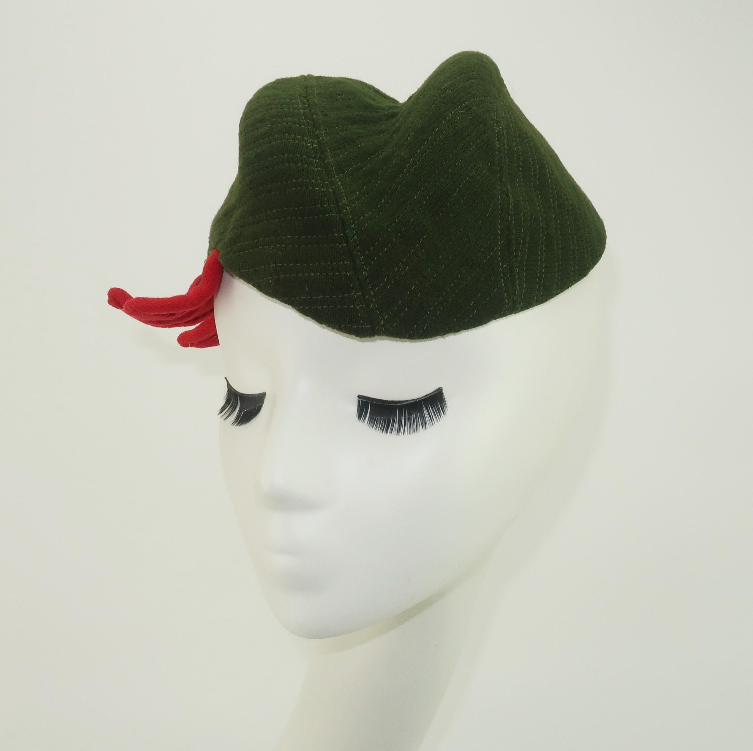 Ella Buchanan Gunn Army Green & Red Wool Cap Hat, 1940's 1