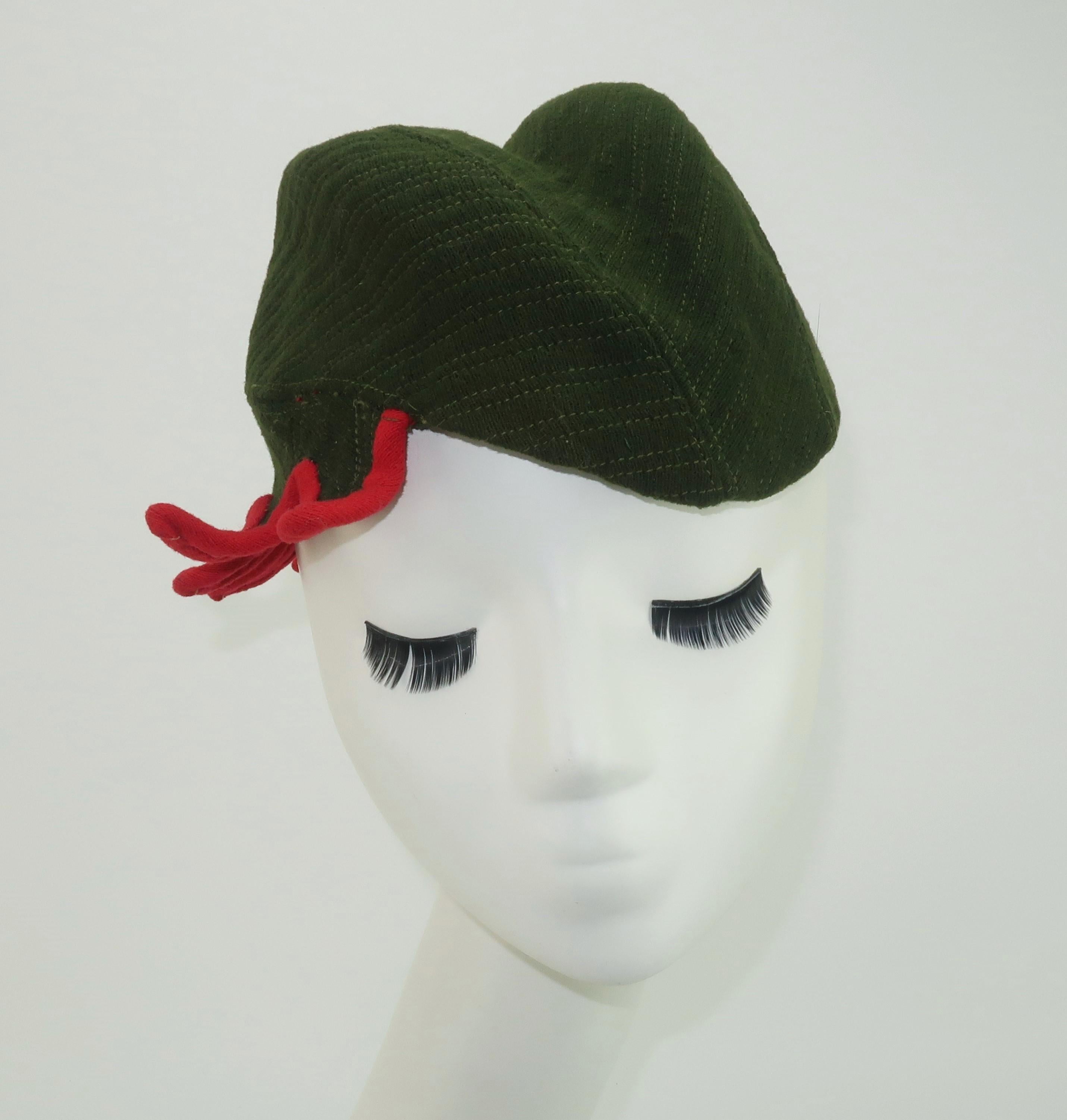 Ella Buchanan Gunn Army Green & Red Wool Cap Hat, 1940's 2