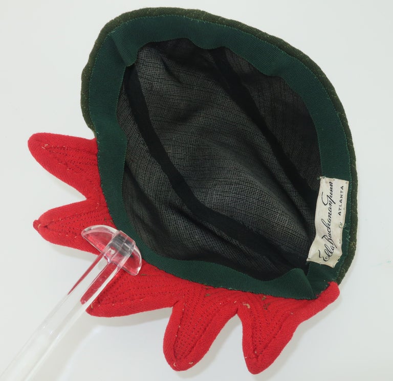 Ella Buchanan Gunn Army Green & Red Wool Cap Hat, 1940's For Sale 4
