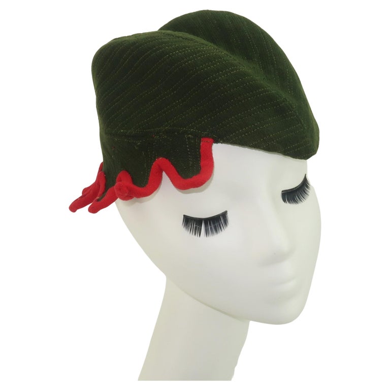 Ella Buchanan Gunn Army Green & Red Wool Cap Hat, 1940's For Sale