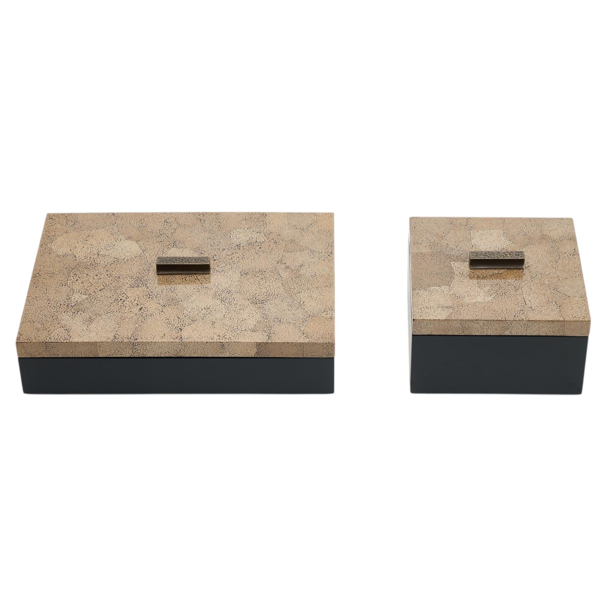 ELLA Contemporary Rectangular Eggshell Lacquer Box with Hammered Bronze Handle For Sale