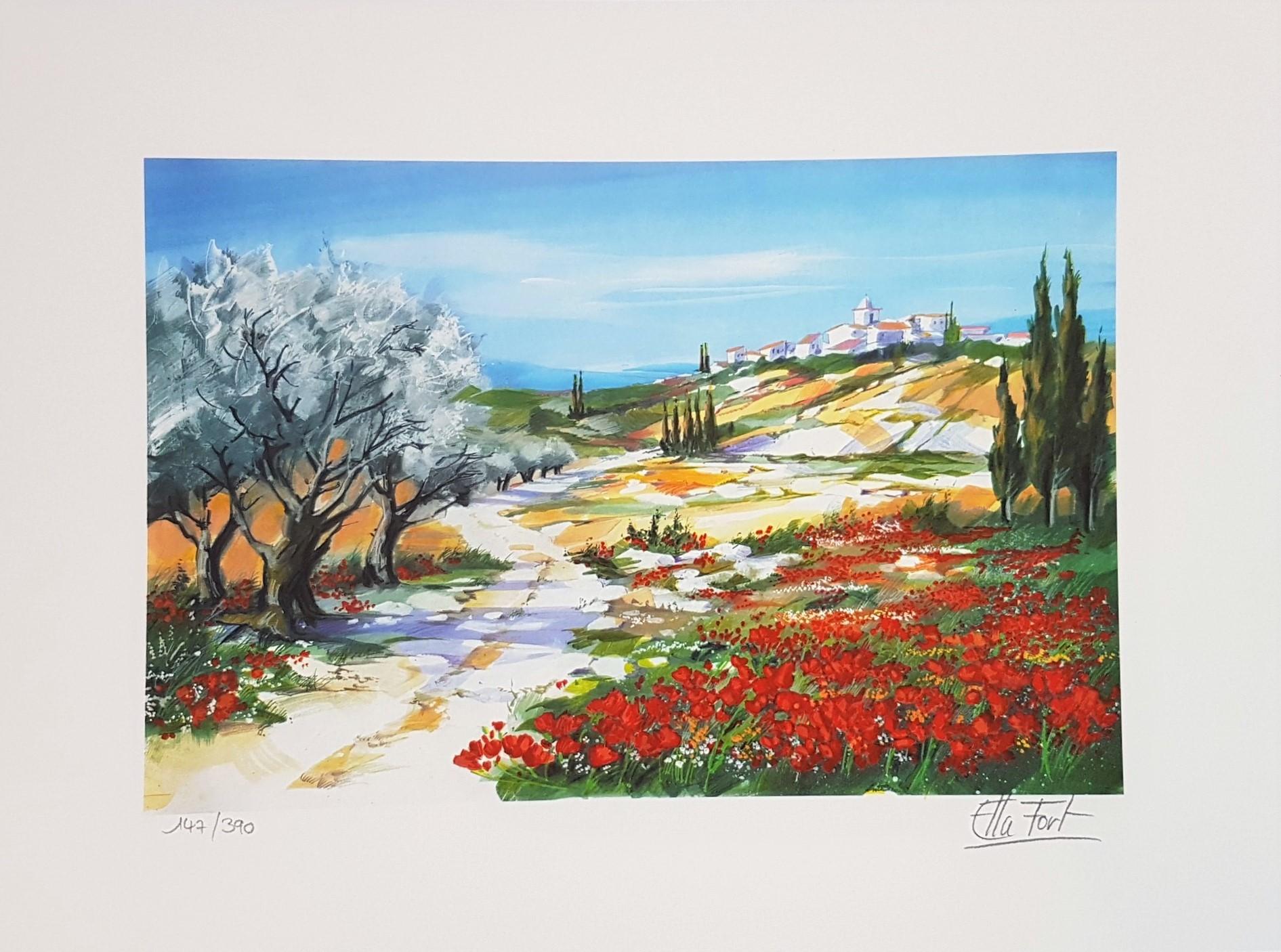 Ella Fort Landscape Print - Flower Field (Champ Fleuri) Provence, landscapes, countryside art, Impressionist