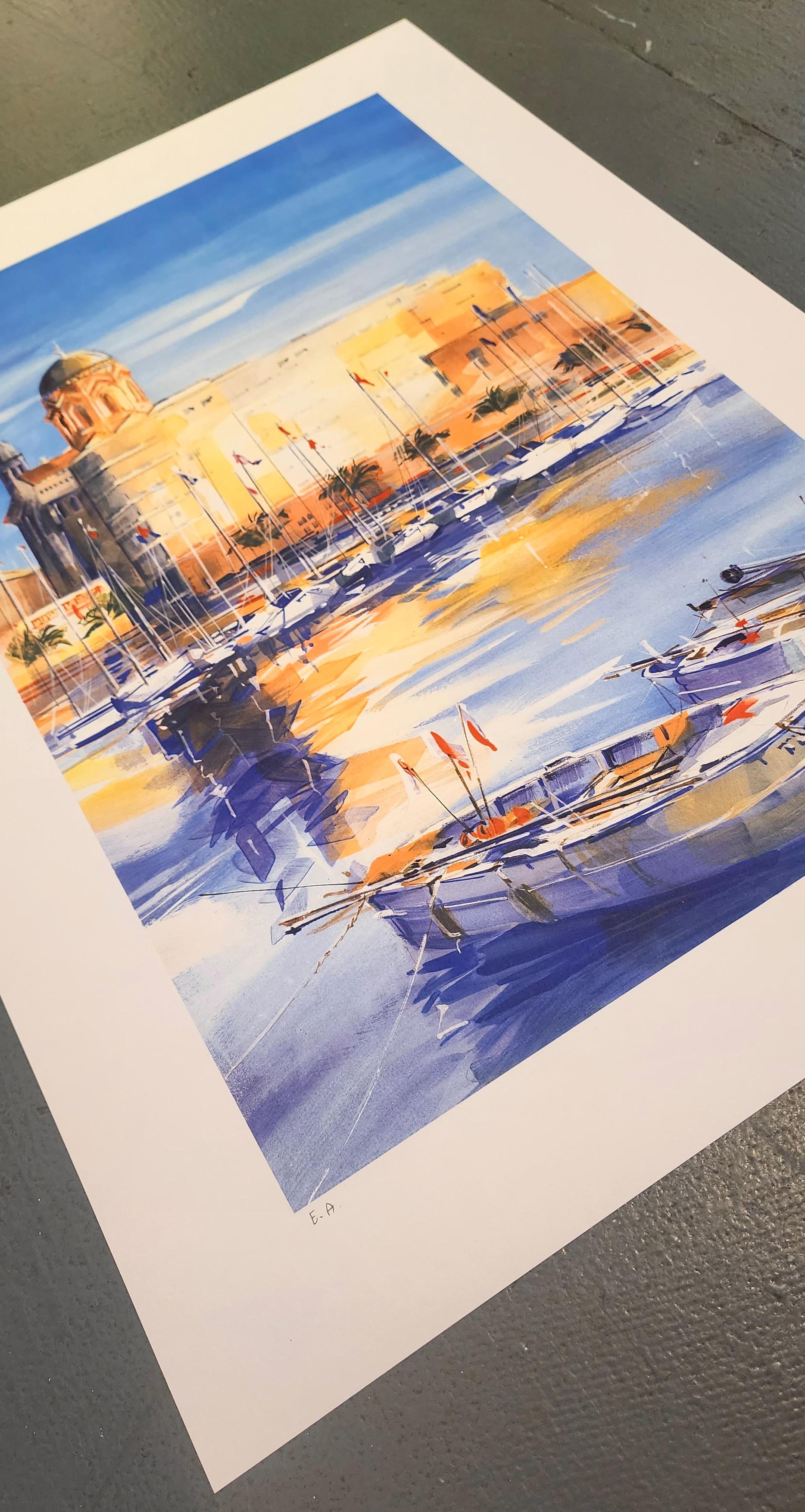 St. Raphael (Provenza, paesaggi marini, arte di campagna, impressionista) - Landscape Print Grigio di Ella Fort