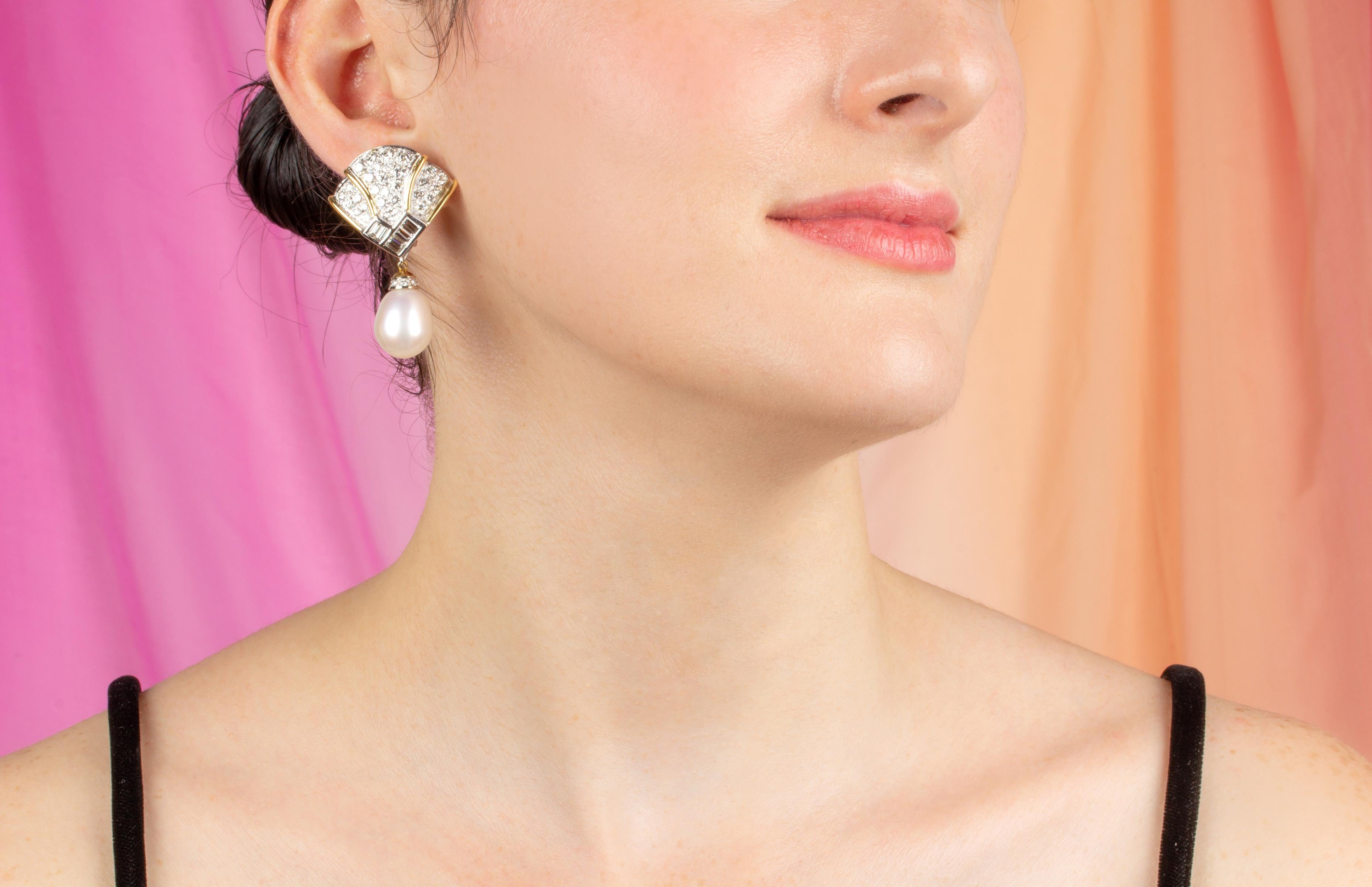 Artist Ella Gafter 14.5mm South Sea Pearl Diamond Earrings For Sale