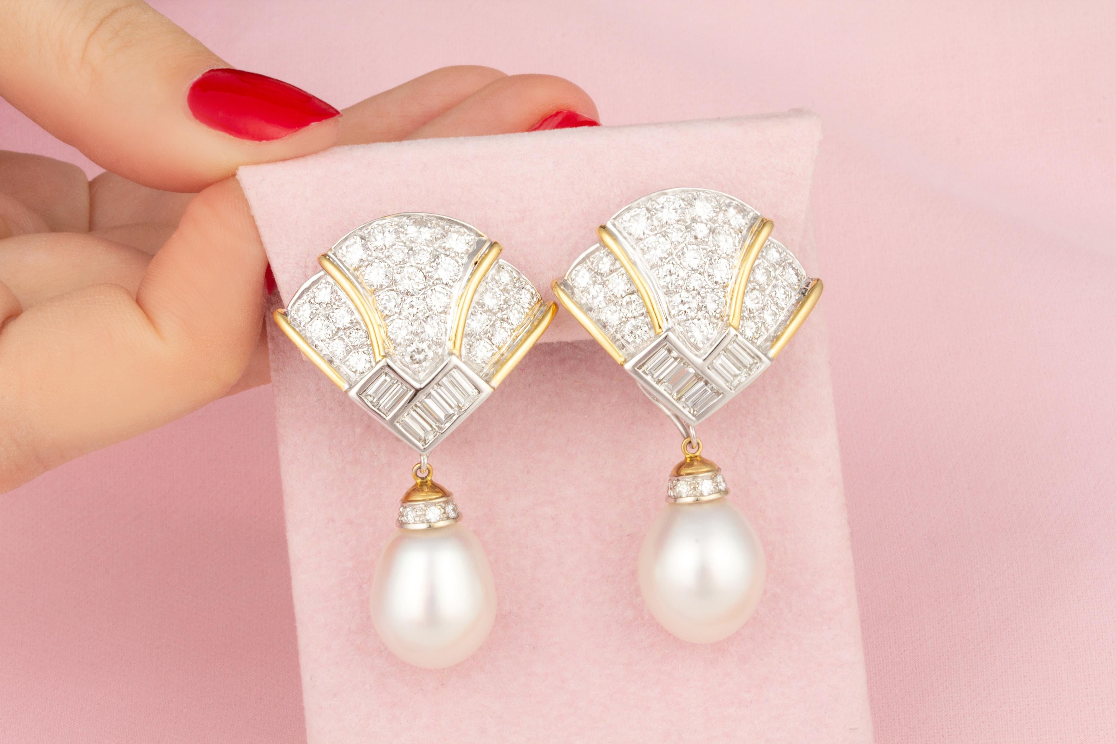 Baguette Cut Ella Gafter 14.5mm South Sea Pearl Diamond Earrings For Sale