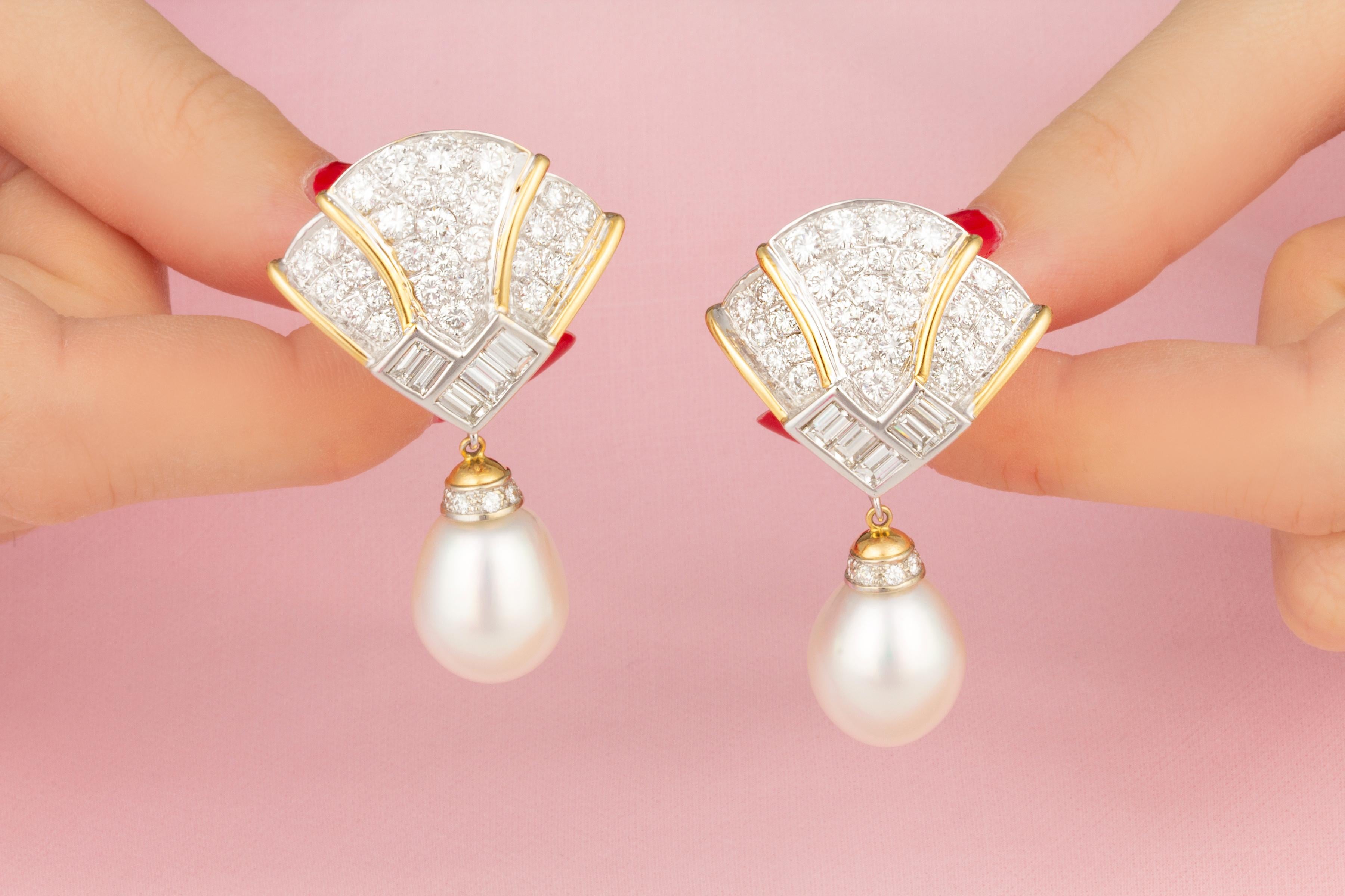 Baguette Cut Ella Gafter 14.5mm South Sea Pearl Diamond Earrings For Sale