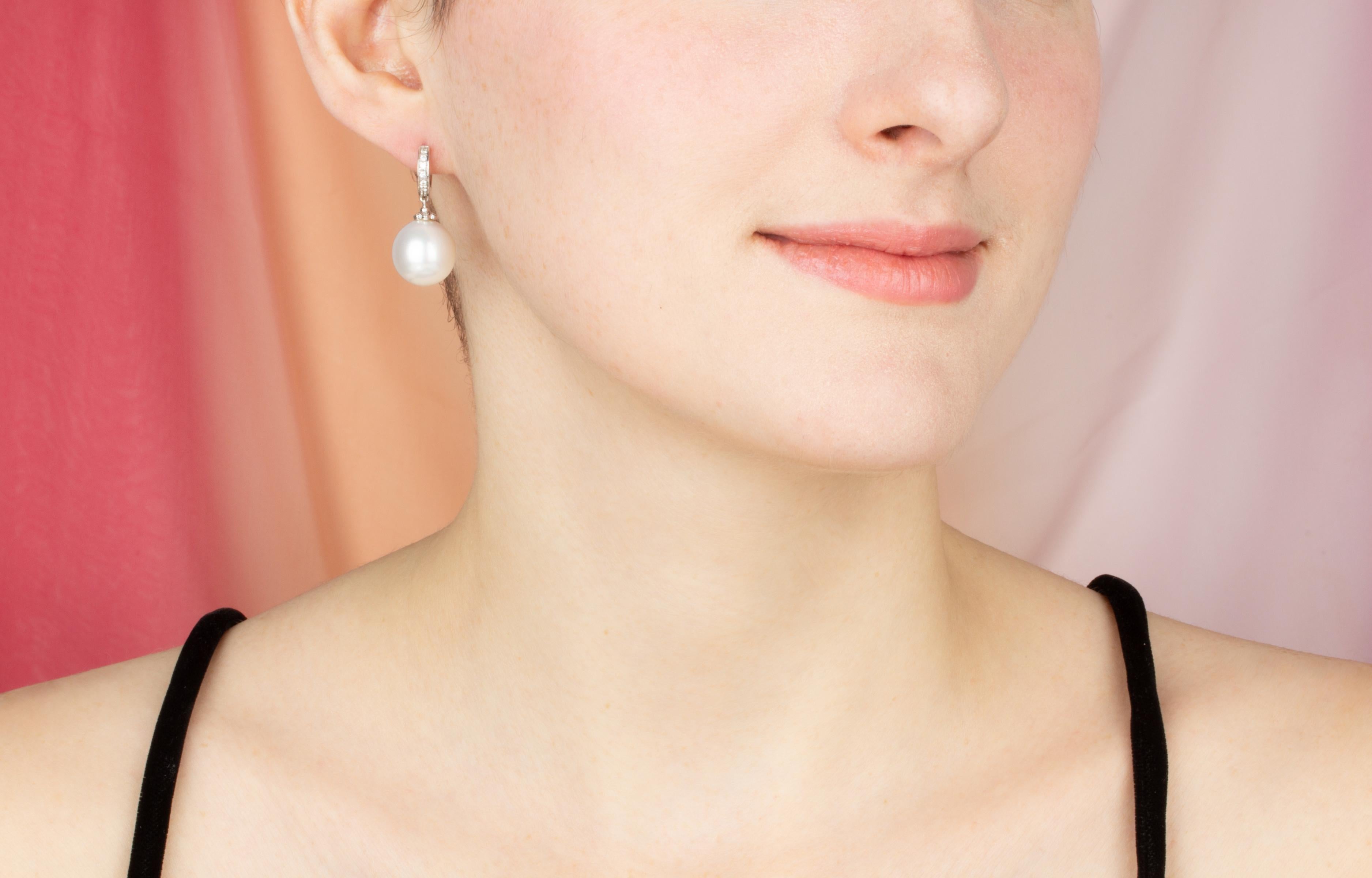 Artist Ella Gafter 14mm South Sea Pearl Diamond Drop Earrings For Sale