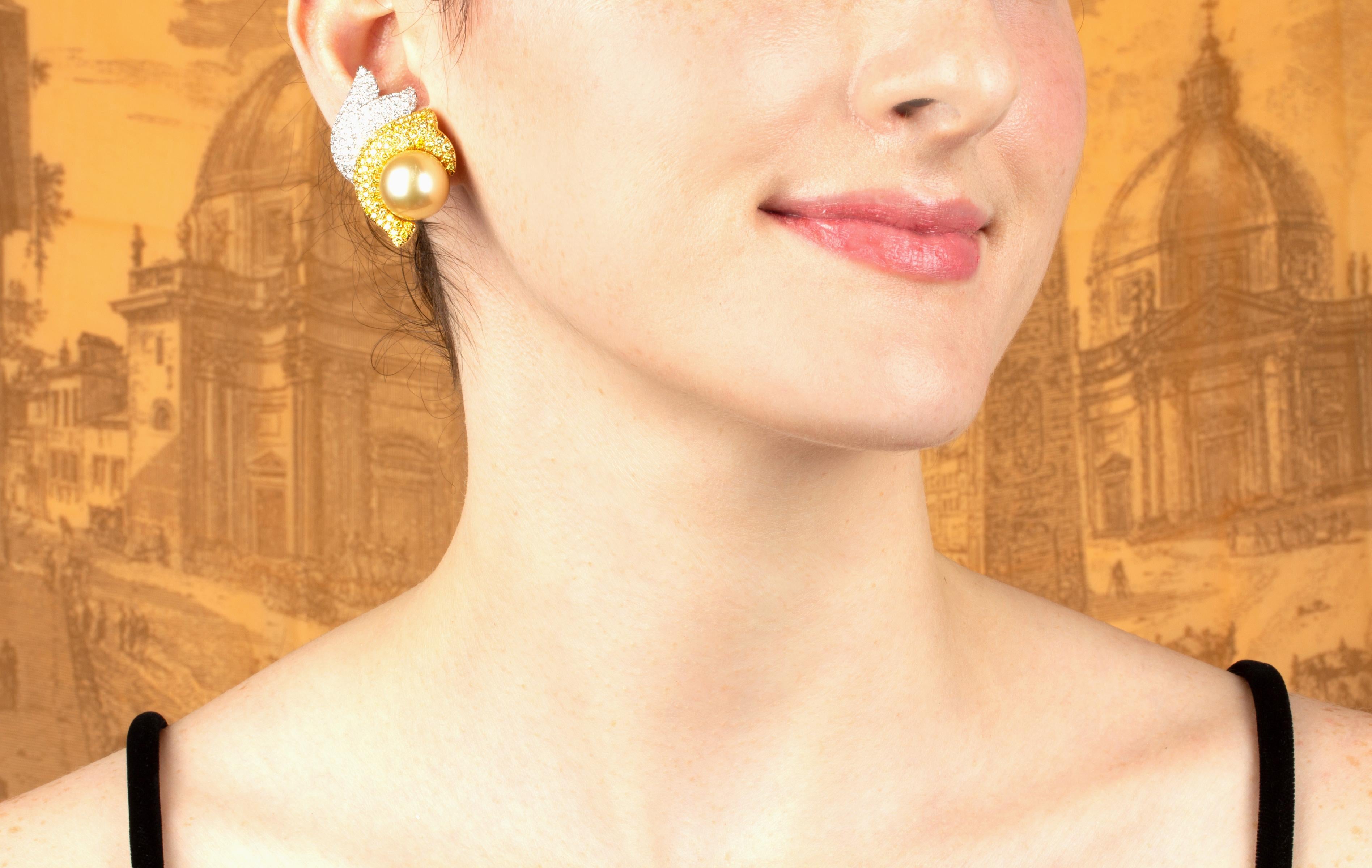 Brilliant Cut Ella Gafter 15mm South Sea Pearl Diamond Earrings For Sale