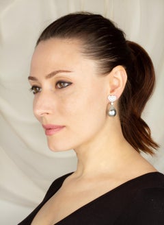 Black Tahitian Pearl Diamond Drop Earrings Heart Shape Design by Ella Gafter