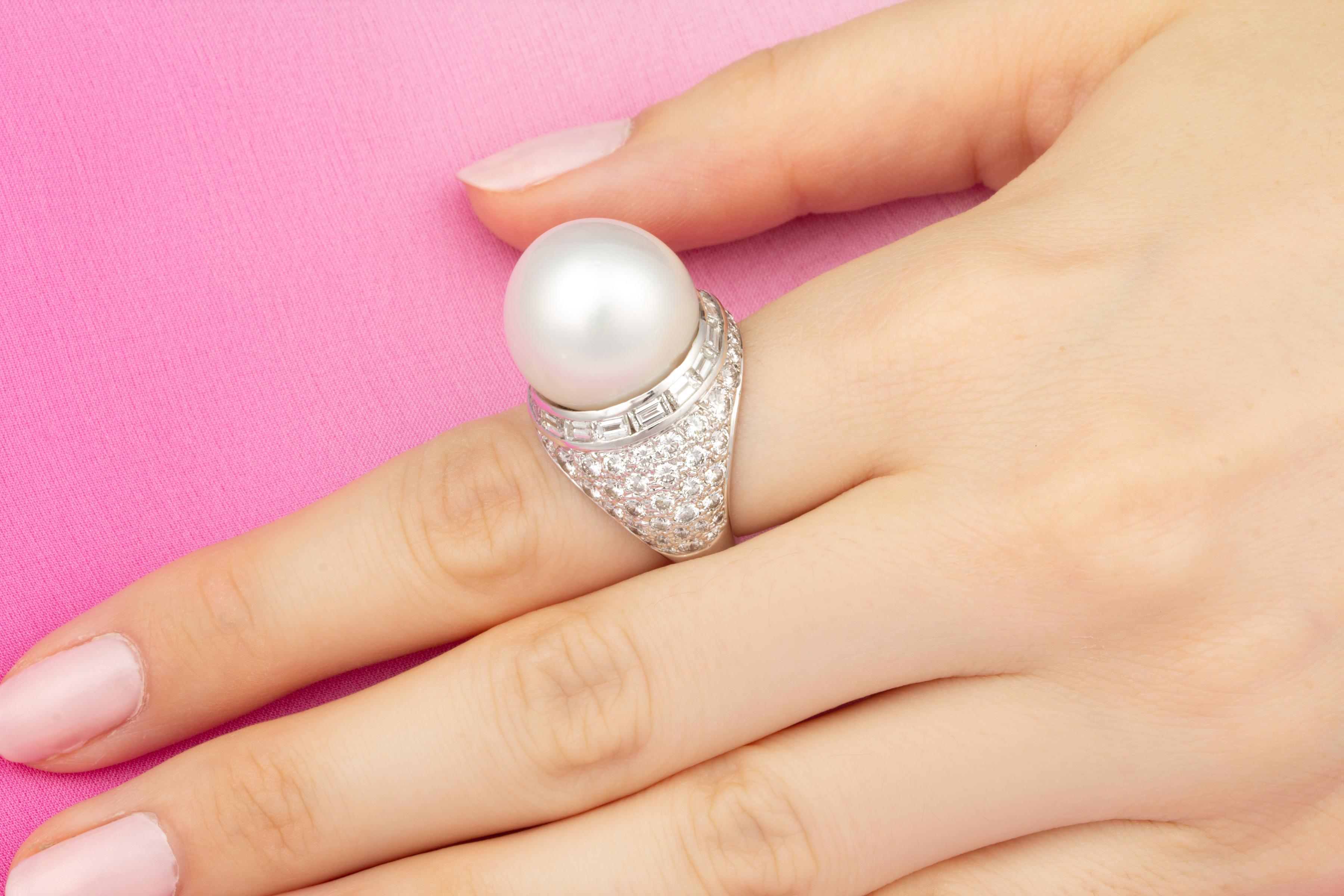 Artist Ella Gafter 16.5mm Pearl Diamond Ring For Sale
