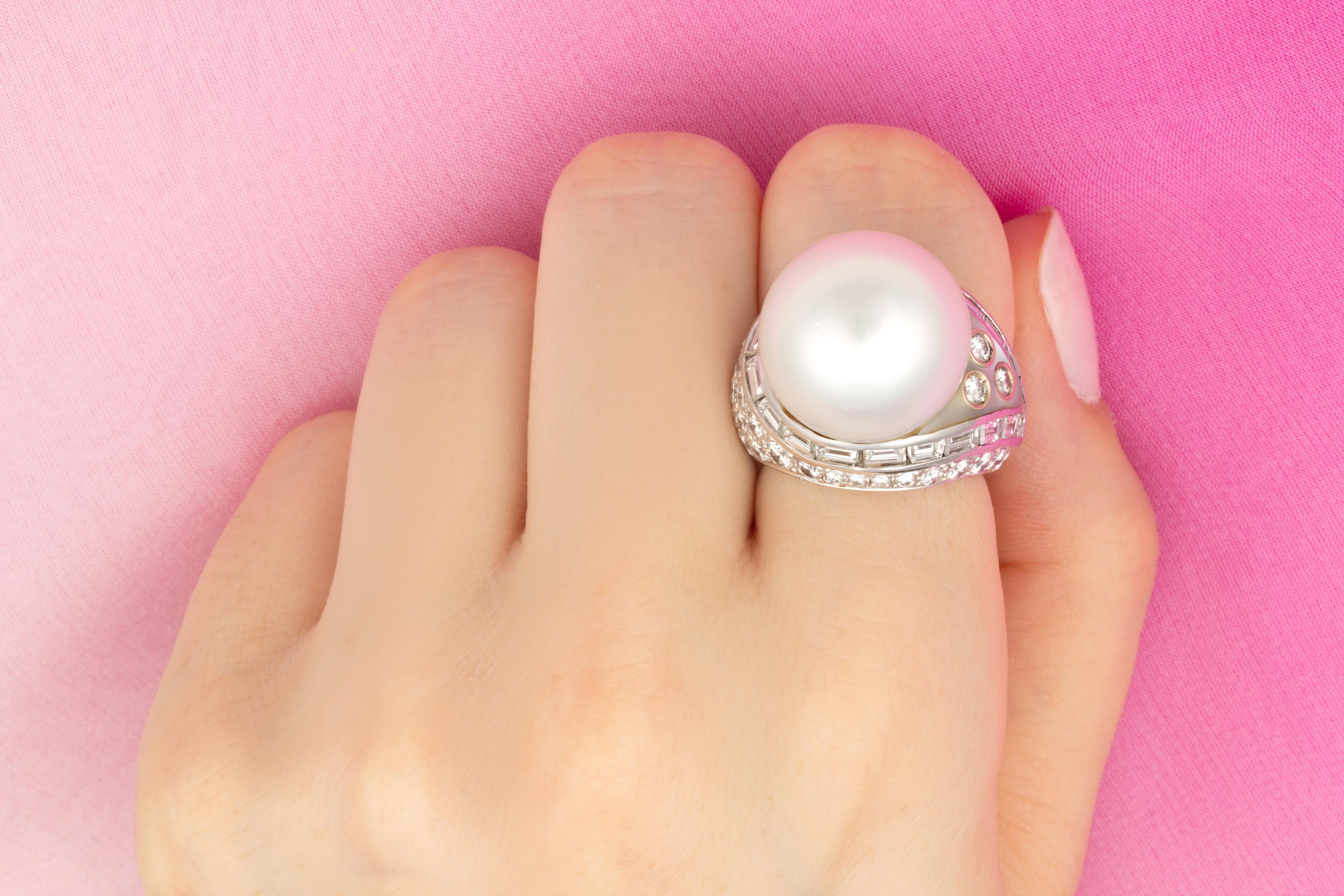 Round Cut Ella Gafter 16.5mm Pearl Diamond Ring For Sale