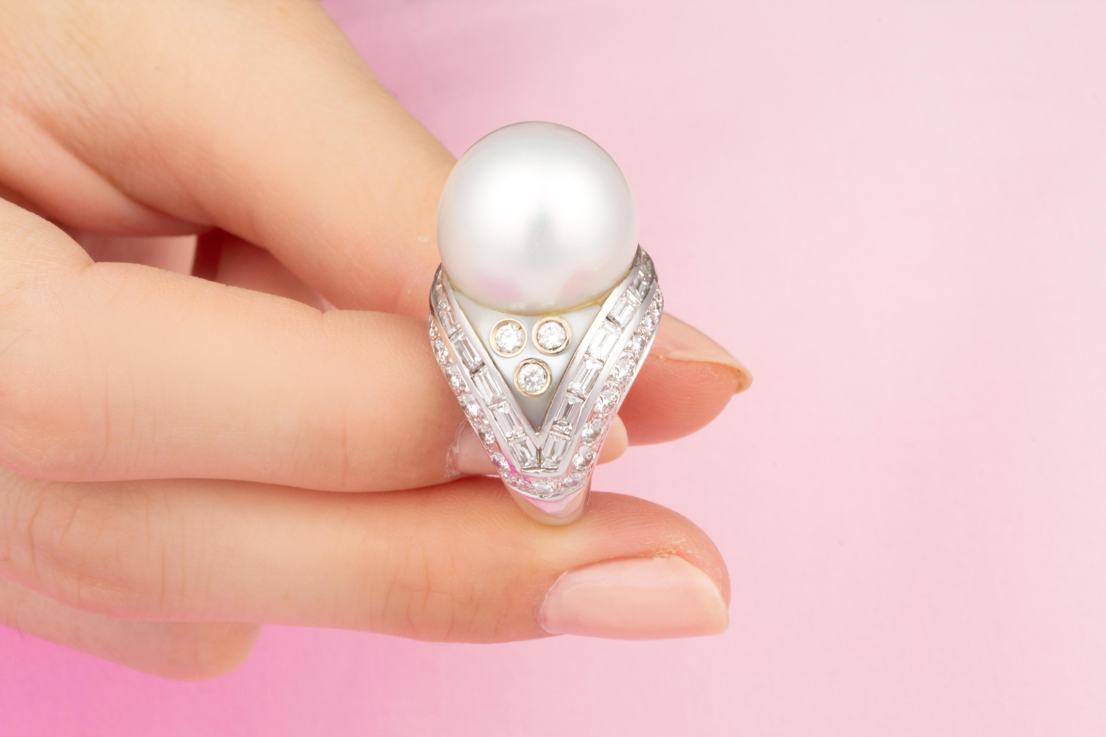 Women's South Sea Pearl and Diamond Cocktail Ring Art Deco Design by Ella Gafter For Sale