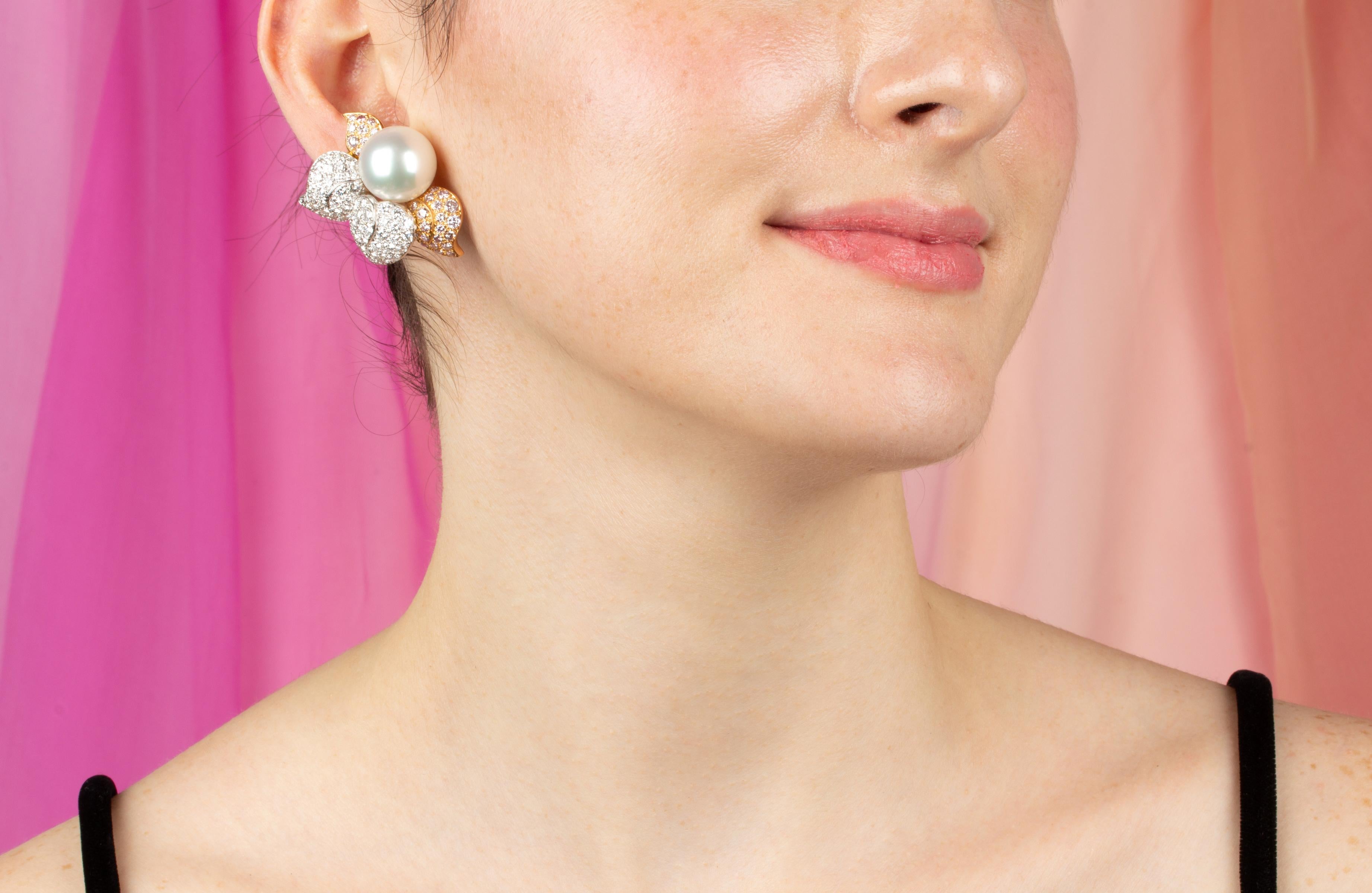 Ella Gafter Südseeperle Rosa Diamant-Ohrringe (Brillantschliff) im Angebot