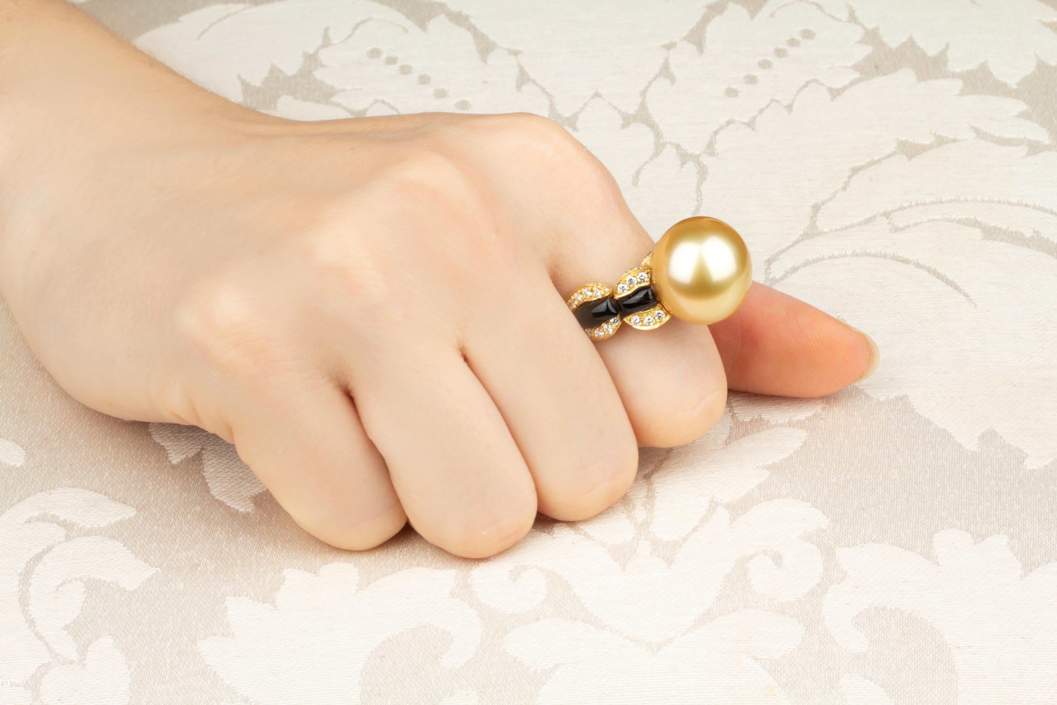 Artist Ella Gafter 16mm Golden Pearl Diamond Onyx Ring  For Sale