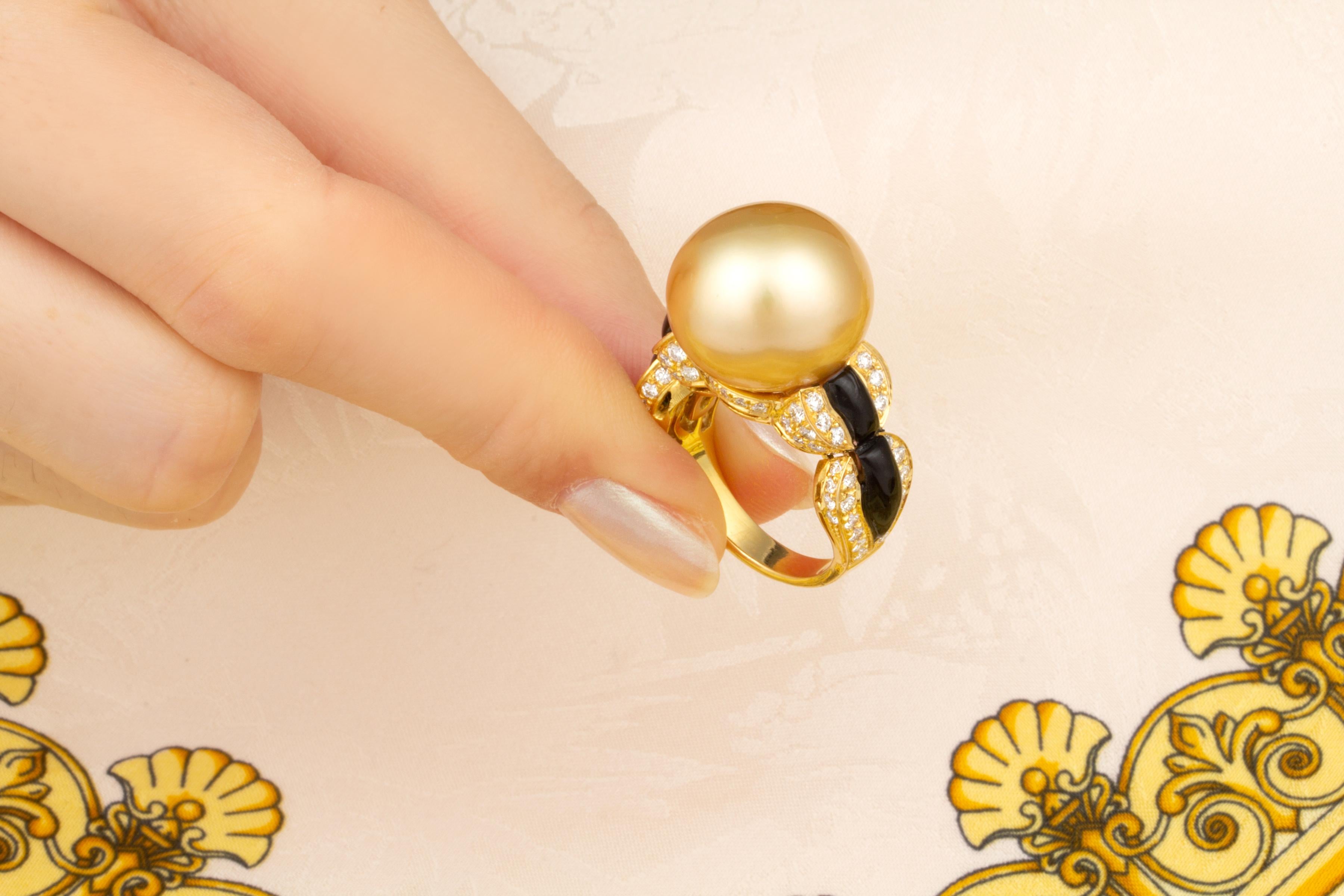 Ella Gafter 16mm Golden Pearl Diamond Onyx Ring  For Sale 2