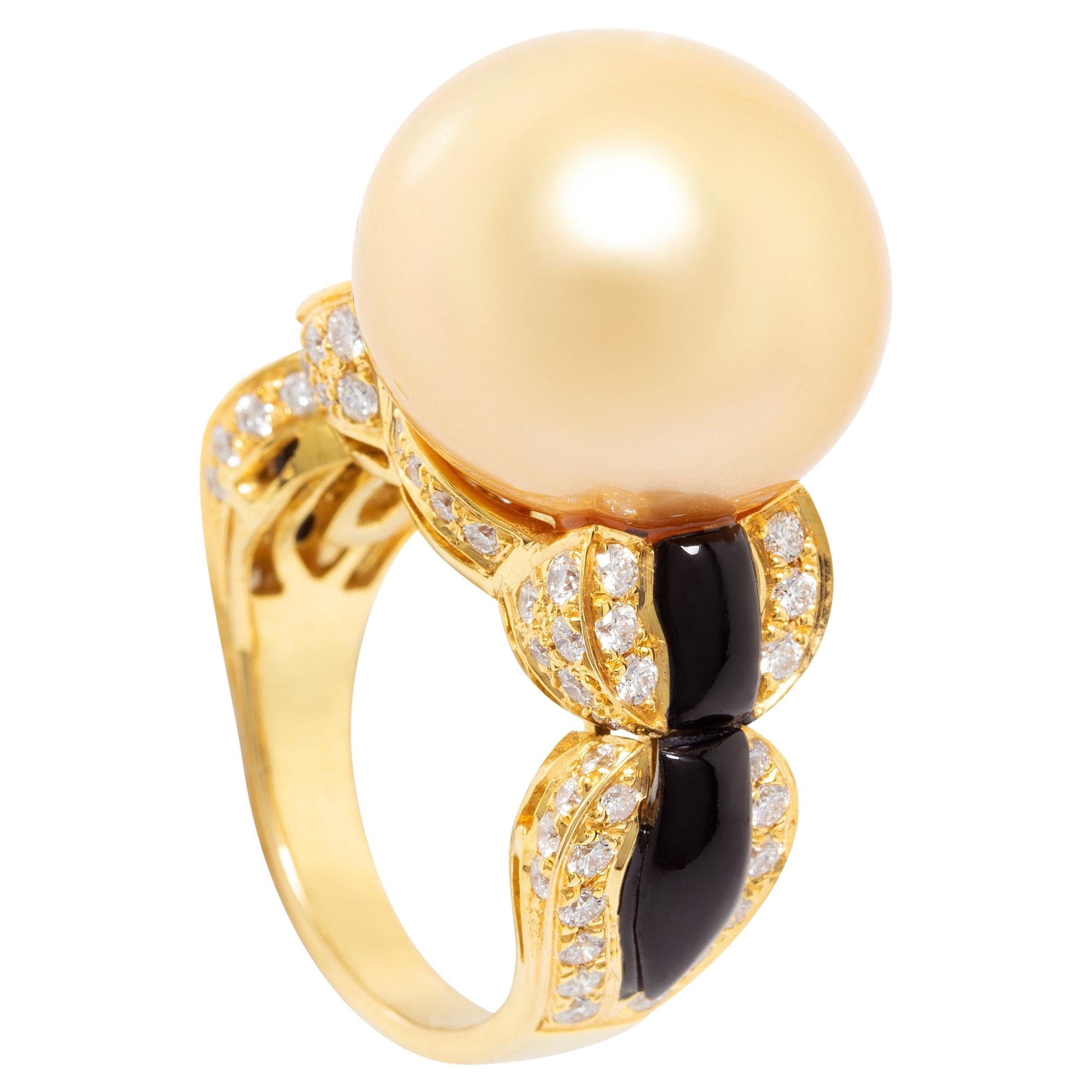Ella Gafter 16mm Golden Pearl Diamond Onyx Ring  For Sale