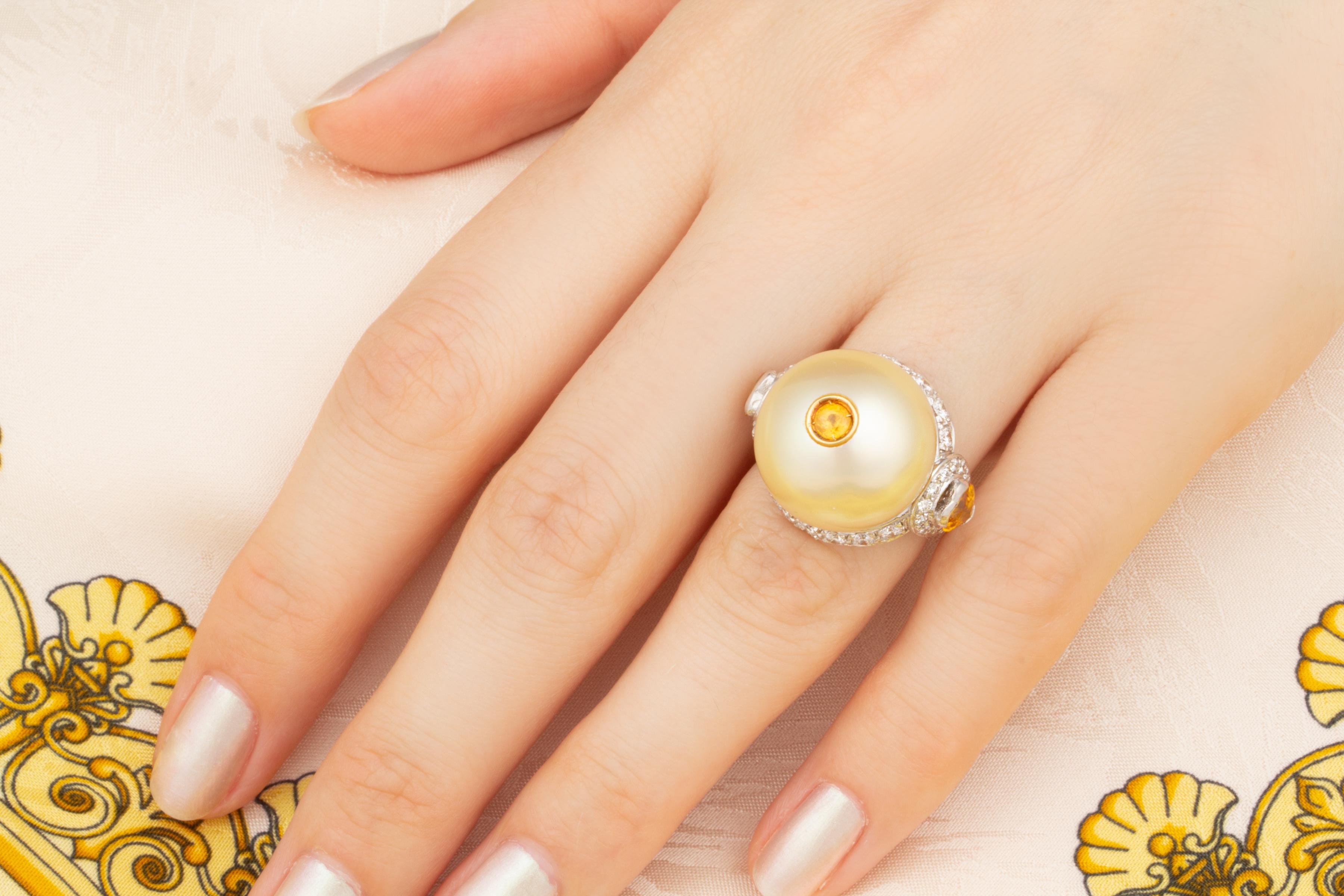 Artist Golden Pearl And Diamond Ring Yellow Sapphire Accent Design by Ella Gafter For Sale