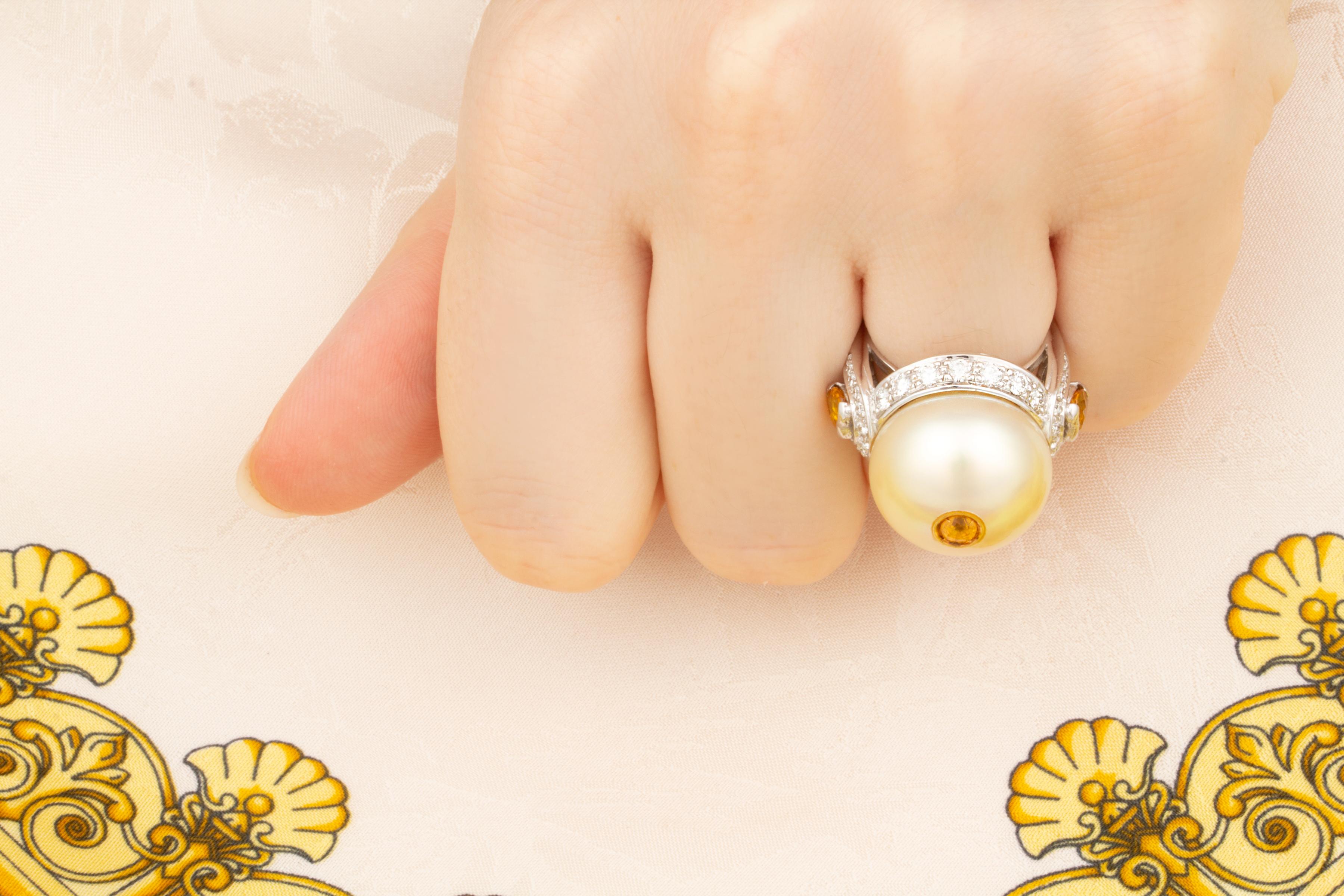 Round Cut Golden Pearl And Diamond Ring Yellow Sapphire Accent Design by Ella Gafter For Sale