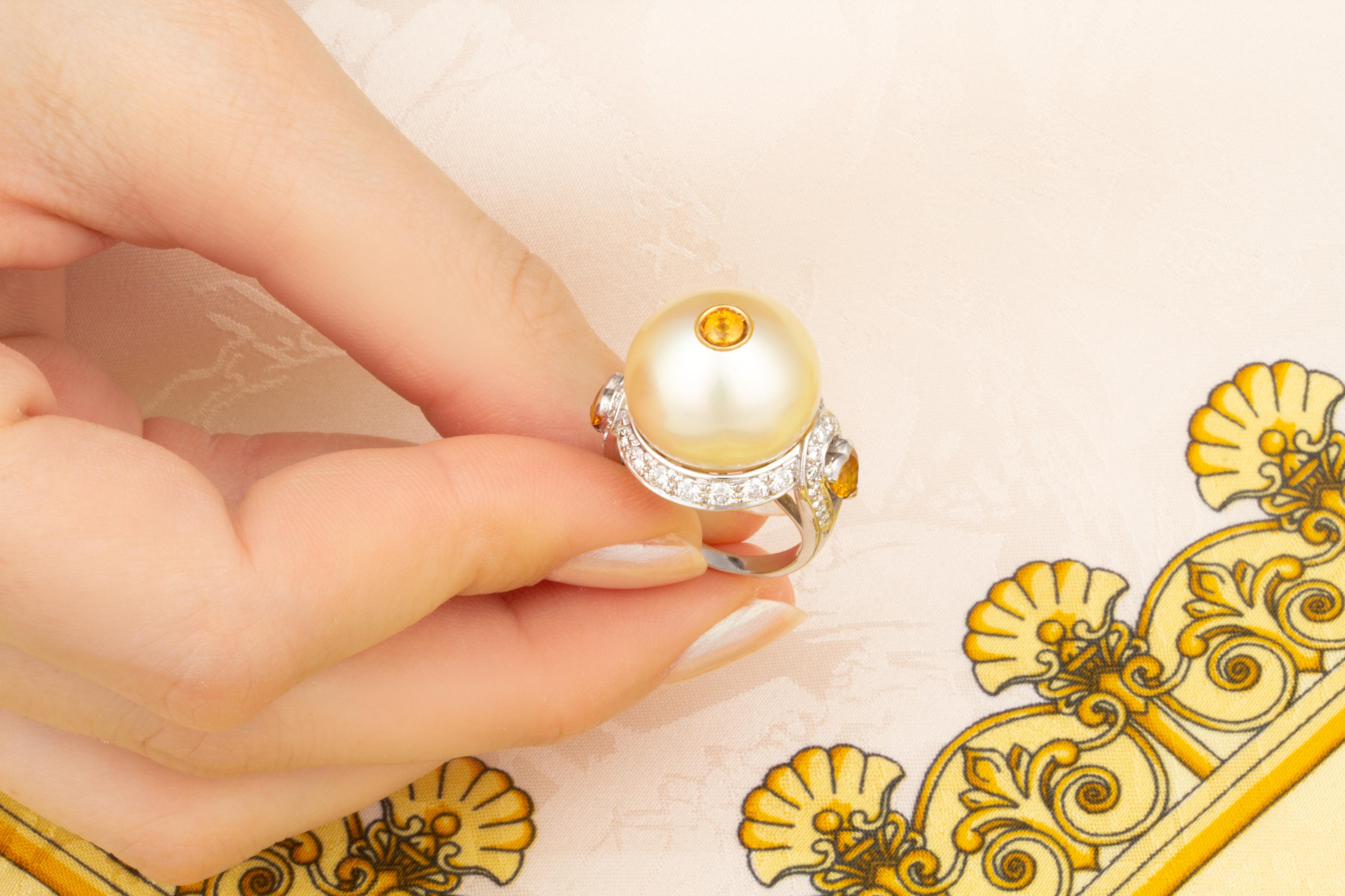 Golden Pearl And Diamond Ring Yellow Sapphire Accent Design by Ella Gafter For Sale 1