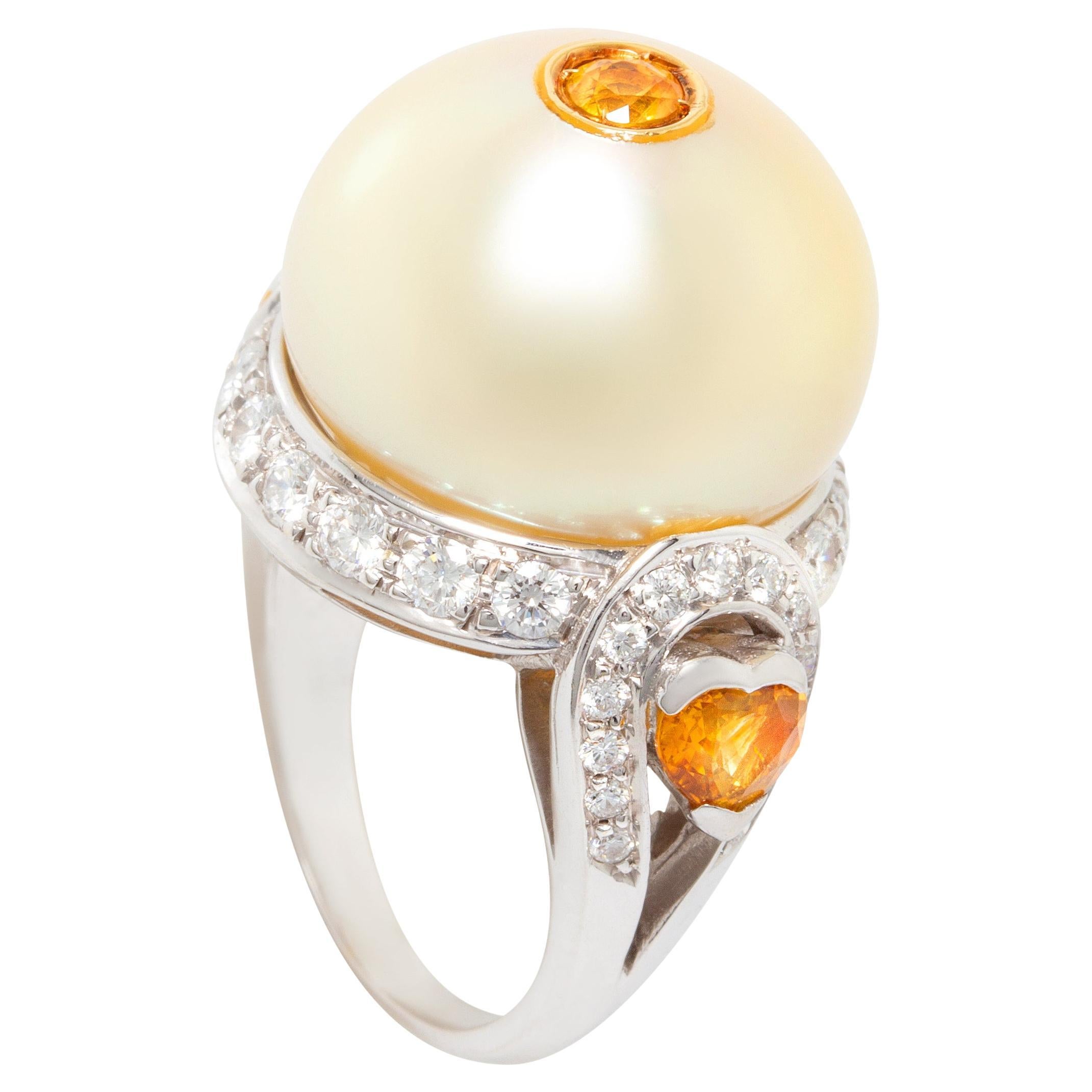 Ella Gafter 16mm Golden Pearl Diamond Sapphire Ring  For Sale