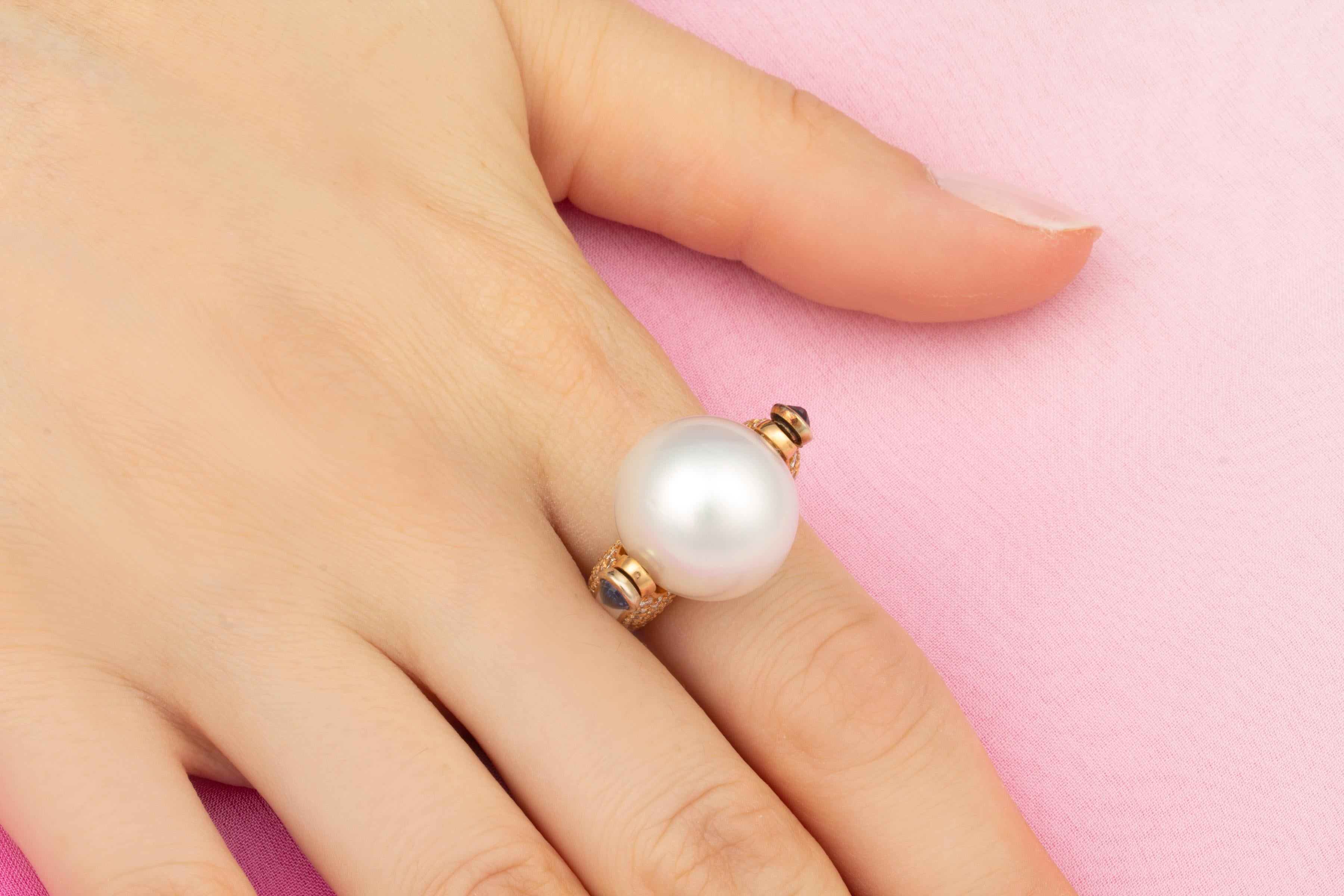 Artist Ella Gafter 16mm Pearl Diamond Rose Gold Ring  For Sale