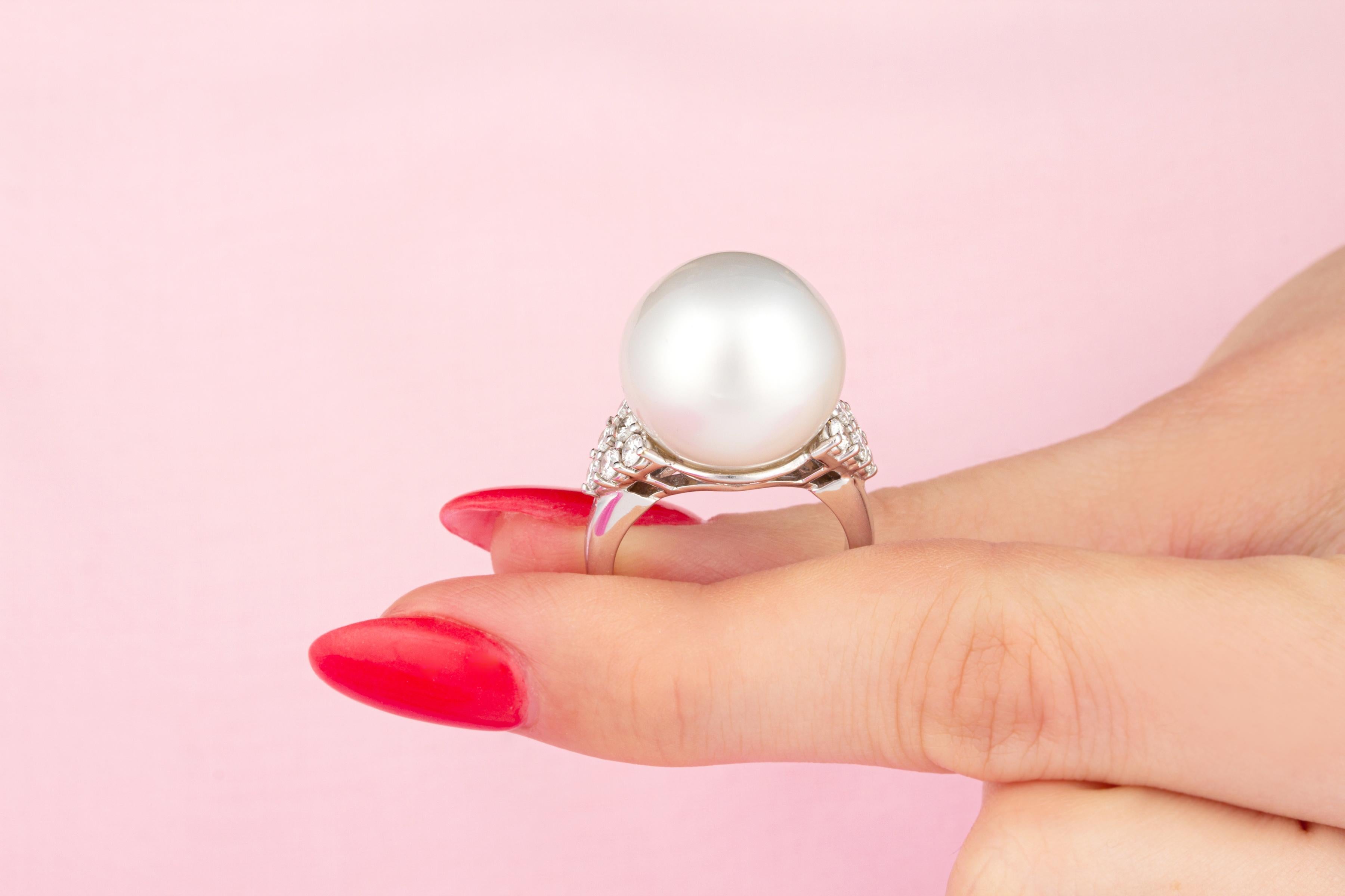 Artist Ella Gafter 16mm South Sea Pearl and Diamond Ring For Sale