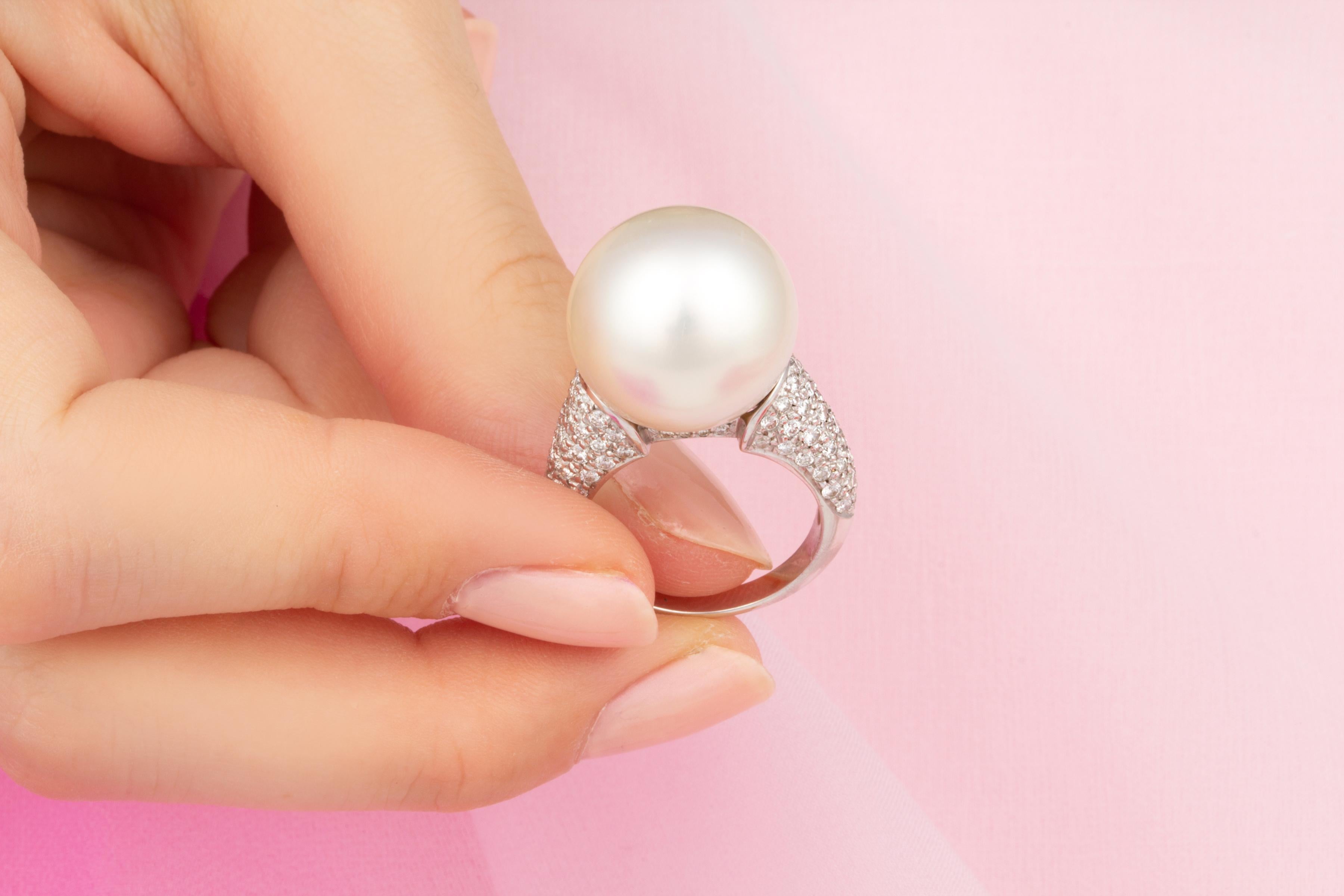 Artist Ella Gafter 16mm South Sea Pearl Diamond Cocktail Ring For Sale