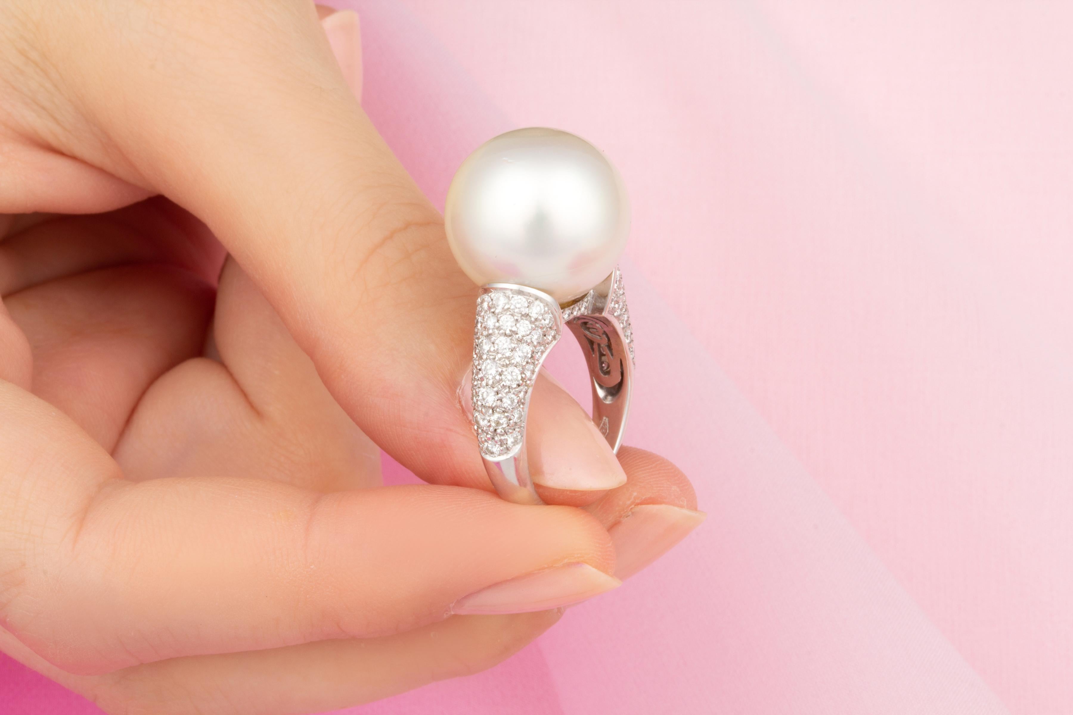 Brilliant Cut Ella Gafter 16mm South Sea Pearl Diamond Cocktail Ring For Sale
