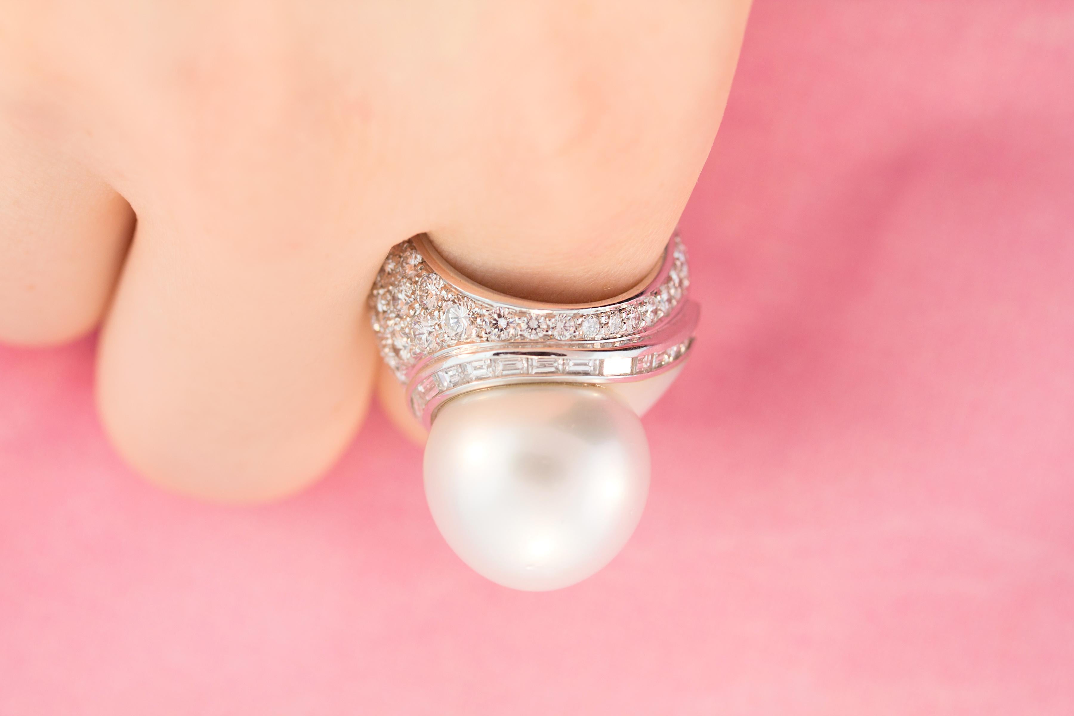 Baguette Cut Ella Gafter 16mm South Sea Pearl Diamond Ring For Sale