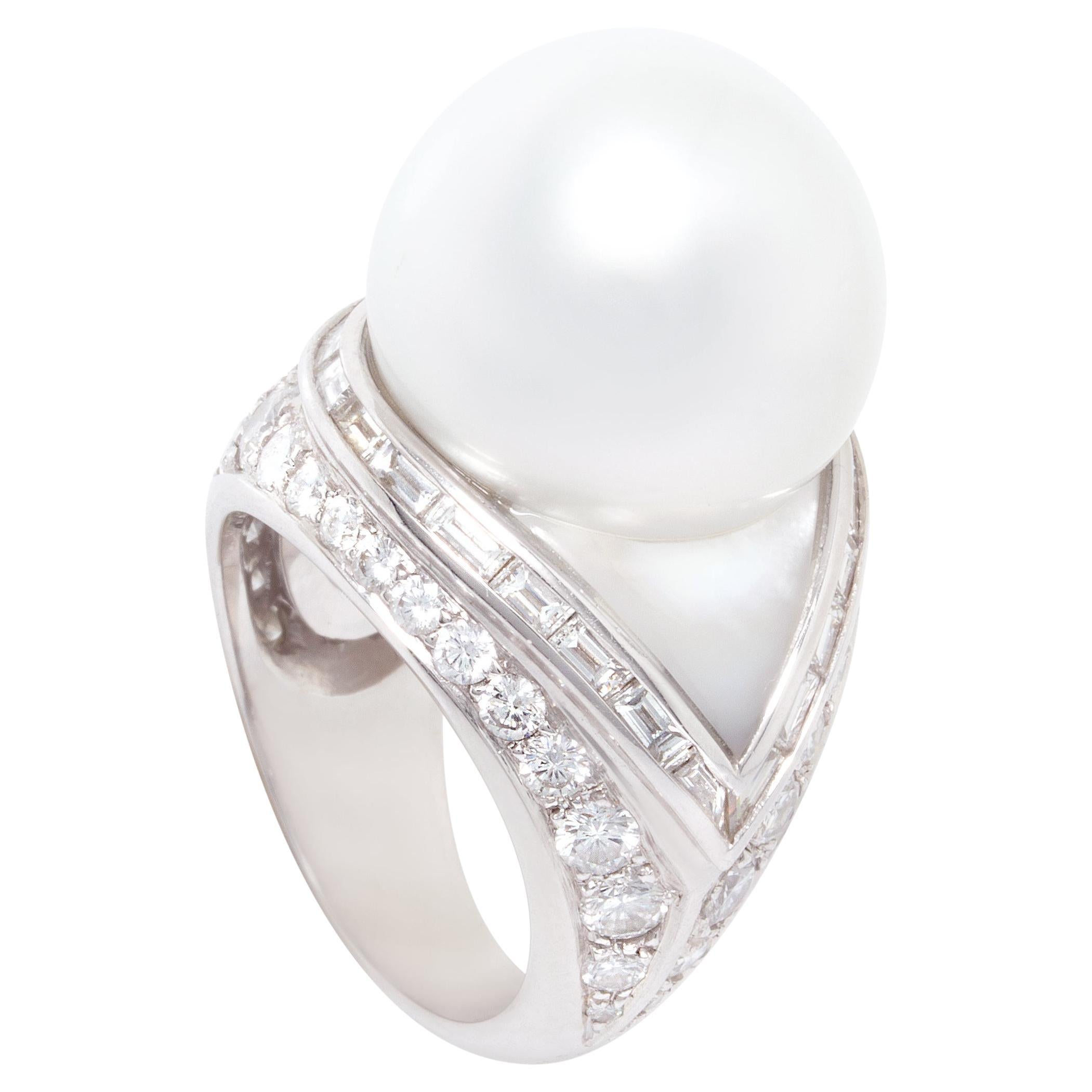 16MM South Sea Pearl Diamond Platinum Cocktail Ring For Sale at 1stDibs