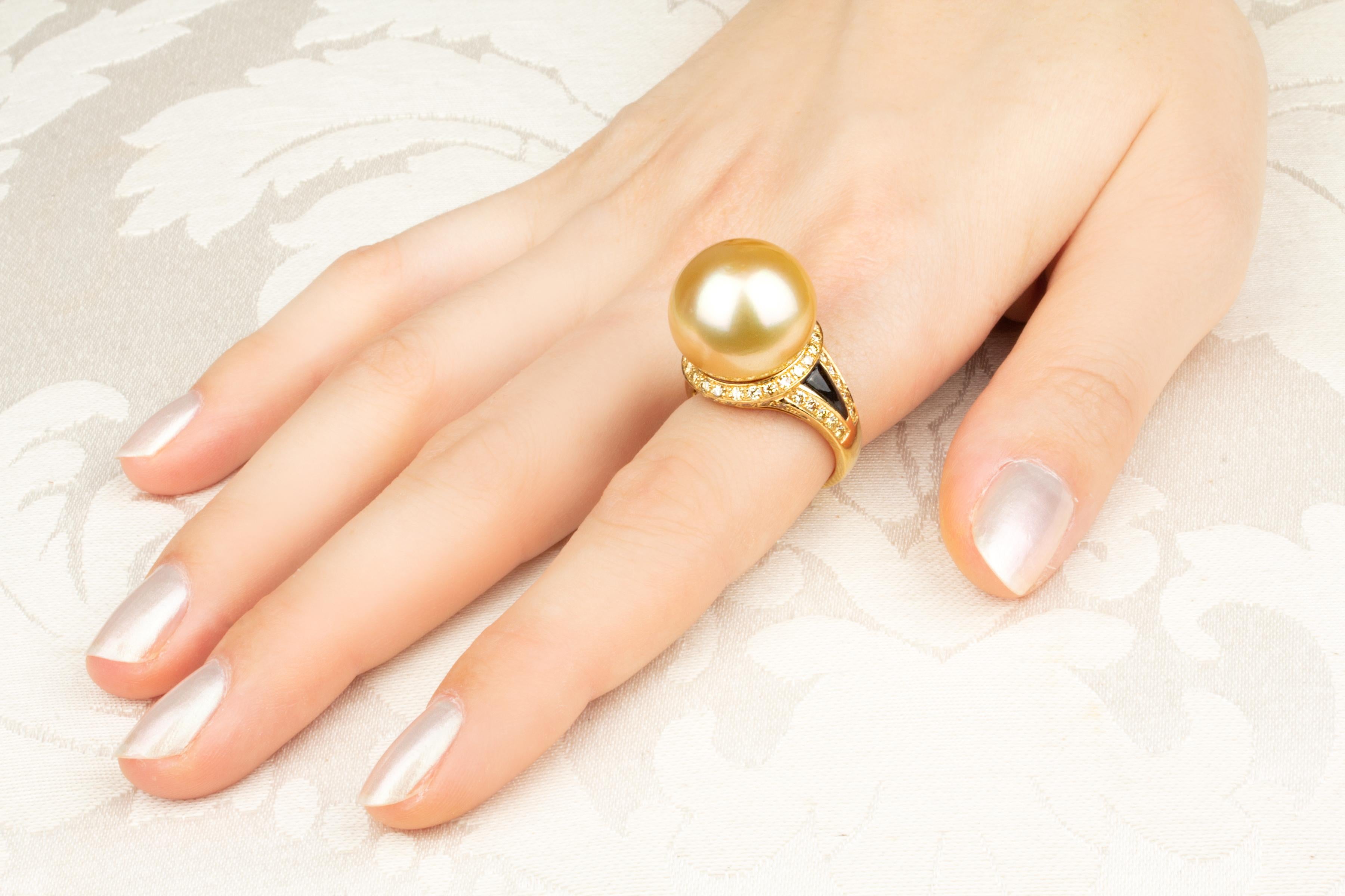 Artist Ella Gafter 17mm Golden Pearl Diamond Ring  For Sale