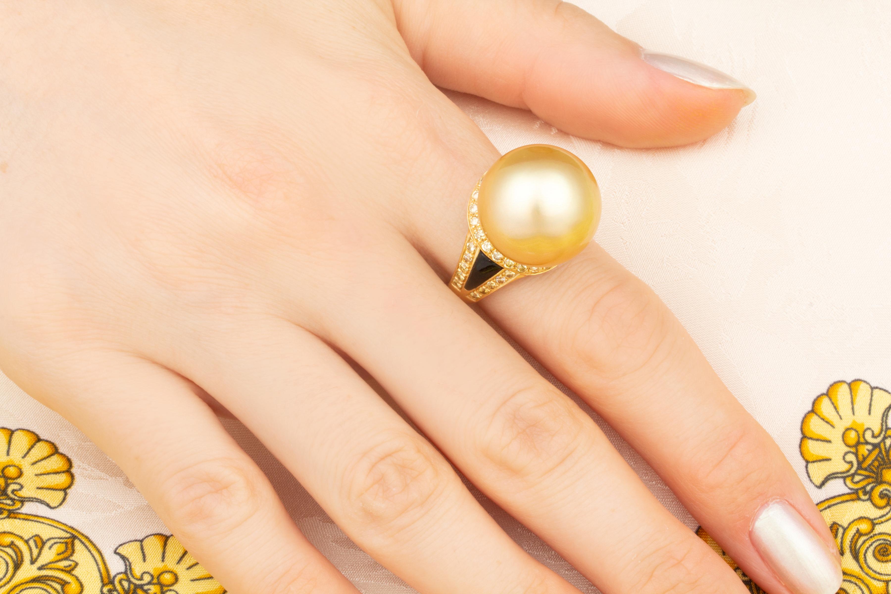 Brilliant Cut Ella Gafter 17mm Golden Pearl Diamond Ring  For Sale