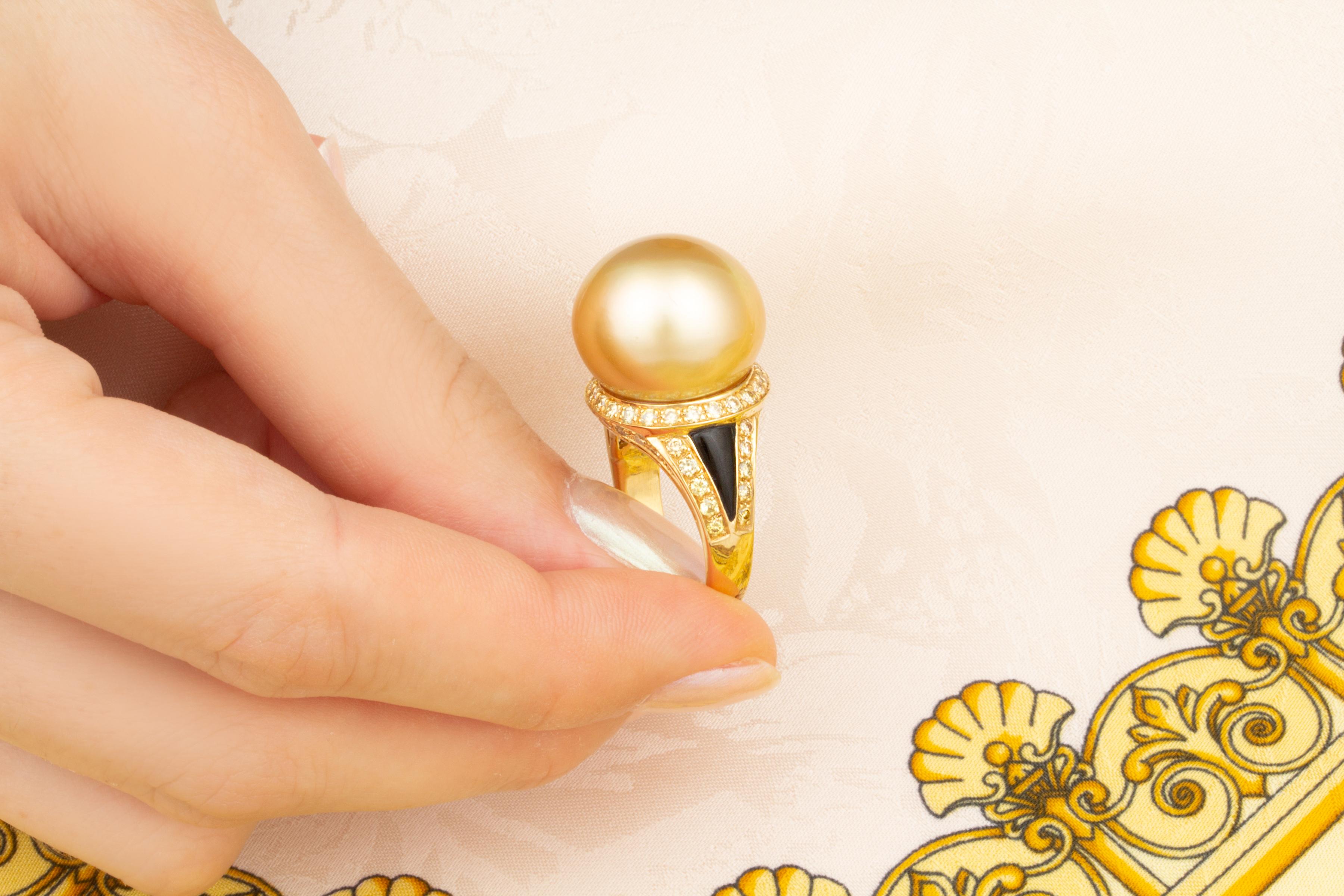Ella Gafter 17mm Golden Pearl Diamond Ring  For Sale 2