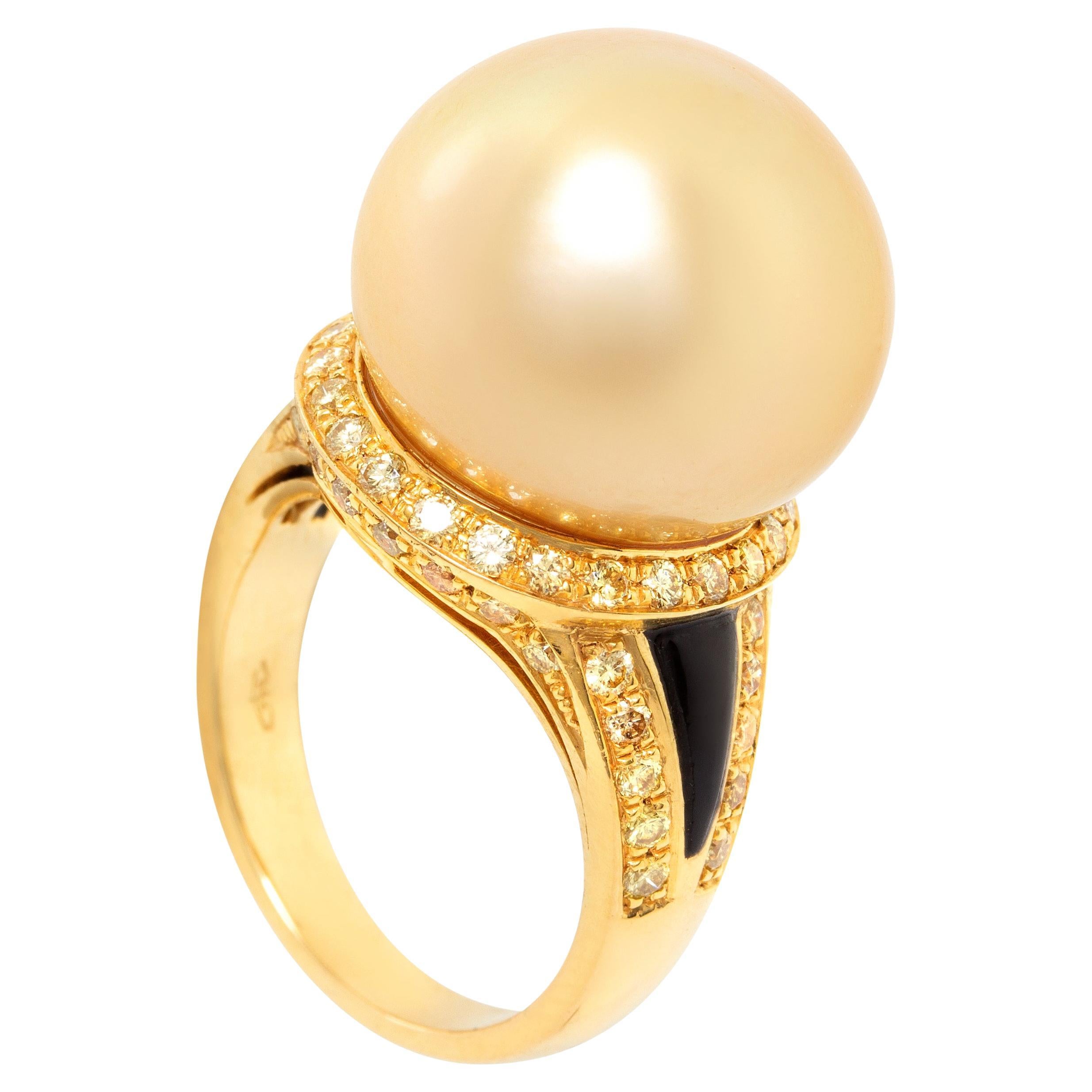 Perla dorada 17 mm Anillo de diamantes Onyx Diseño de Ella Gafter