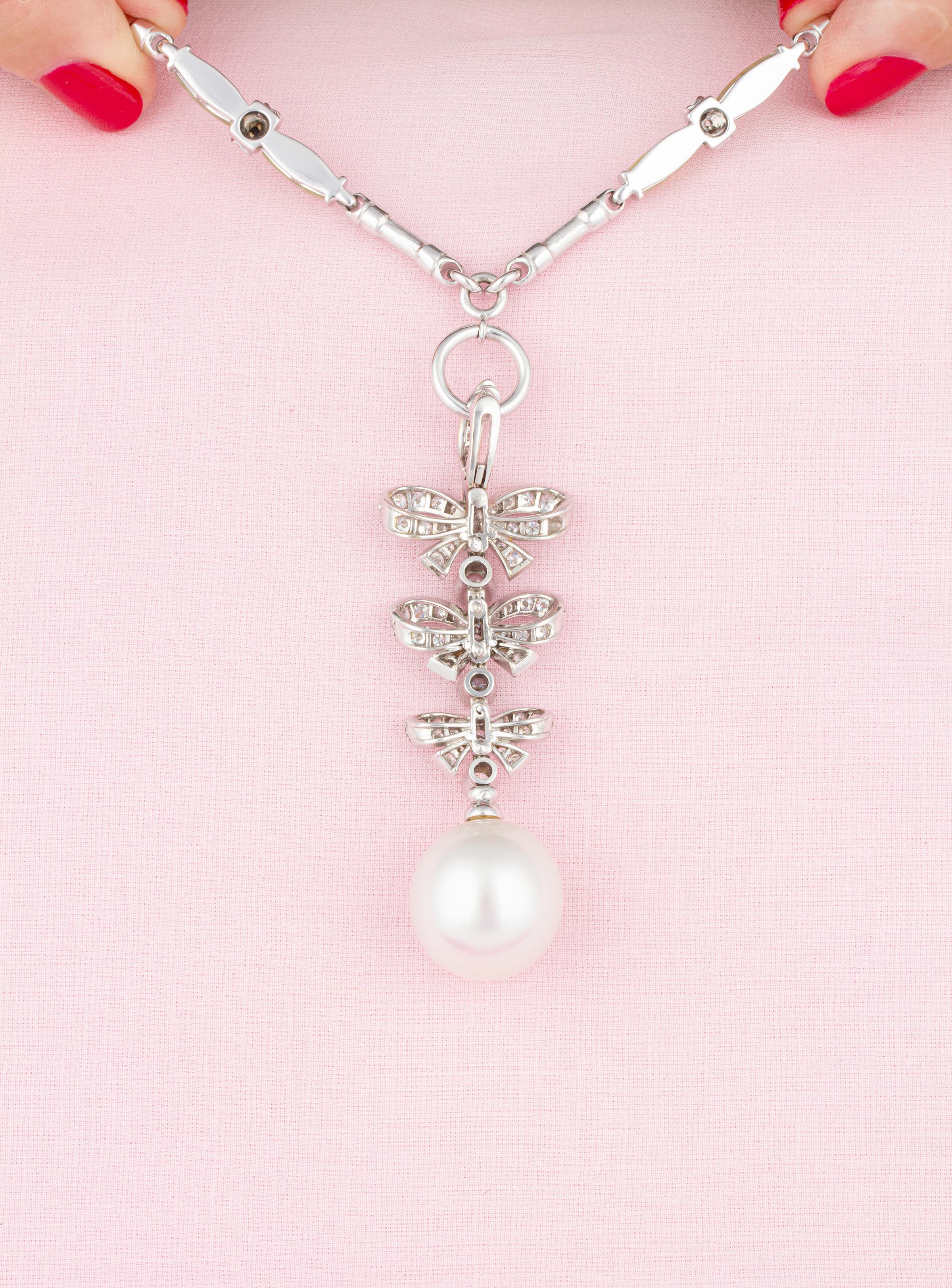 Artist Ella Gafter Pearl Diamond Bow Pendant Necklace For Sale