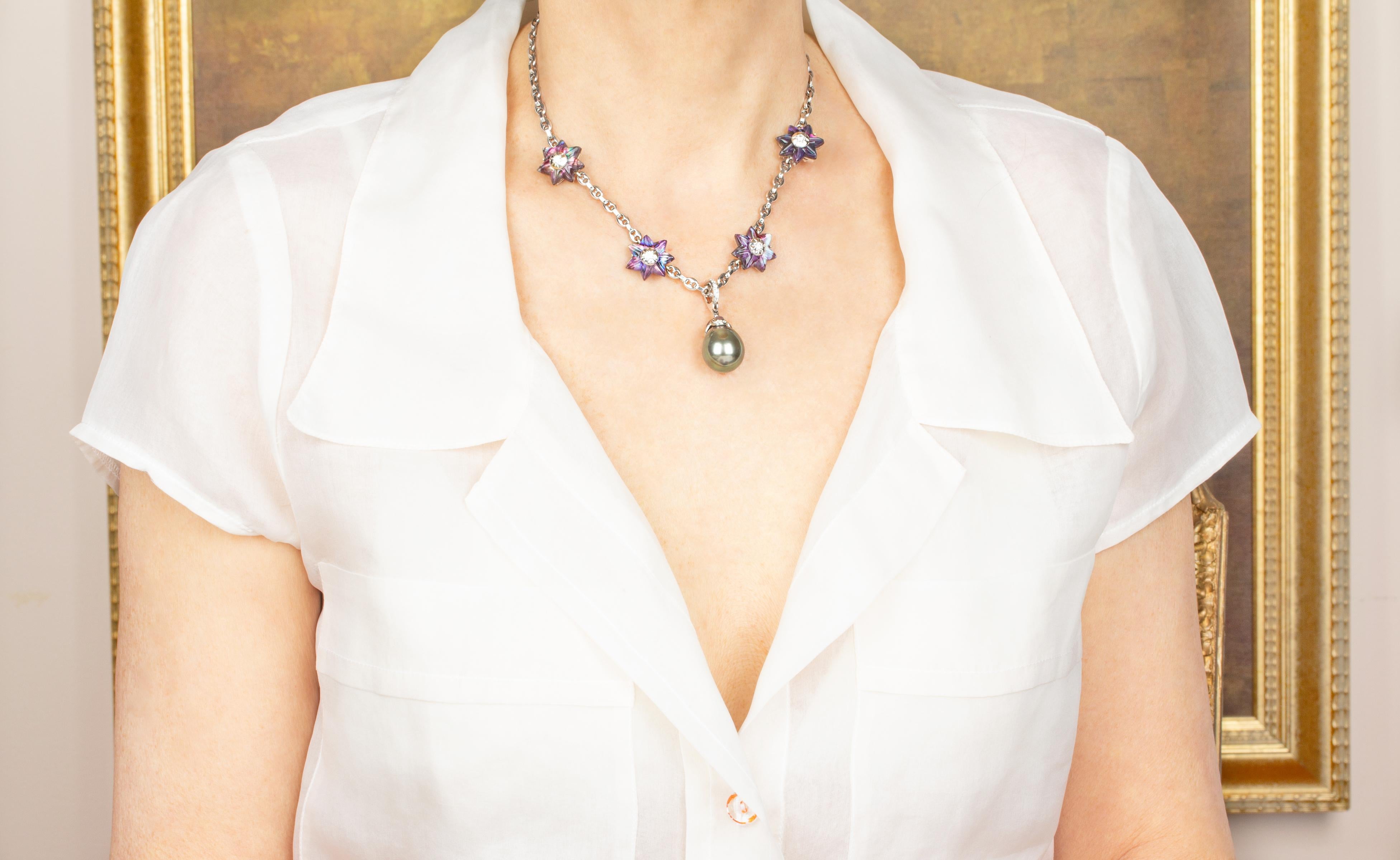 Contemporary Tahitian Black Pearl 17mm and Diamond Pendant Necklace Design by Ella Gafter For Sale