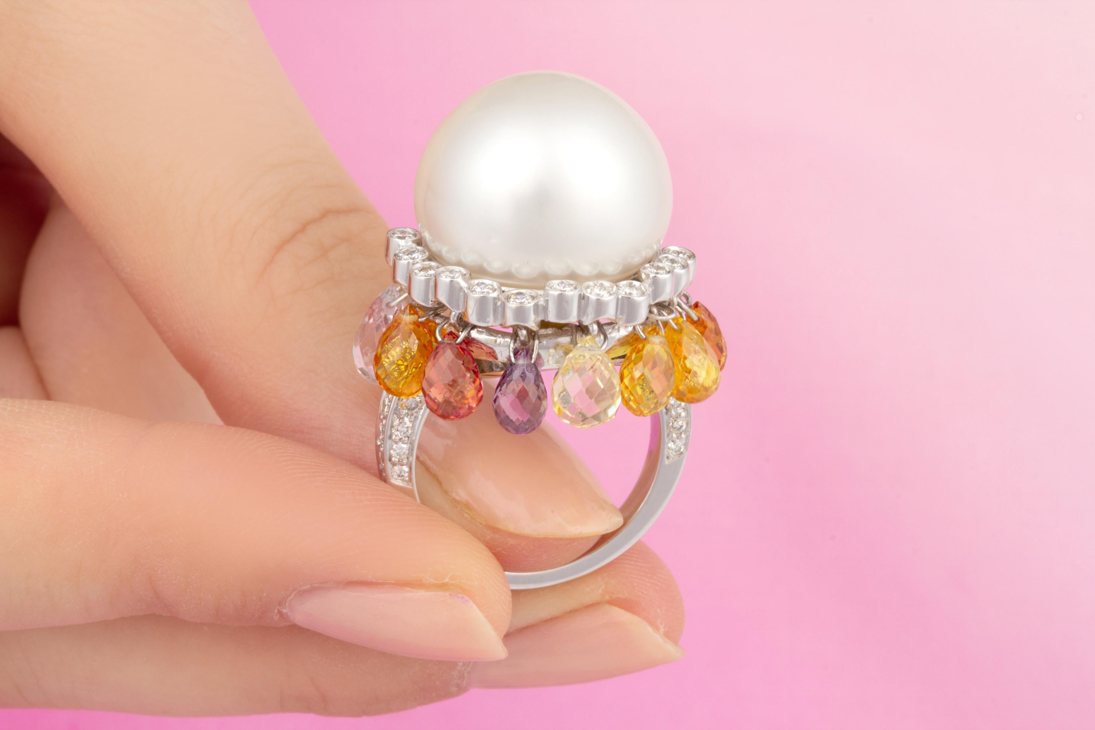 Briolette Cut Ella Gafter 17mm South Sea Pearl Diamond Cocktail Ring  For Sale