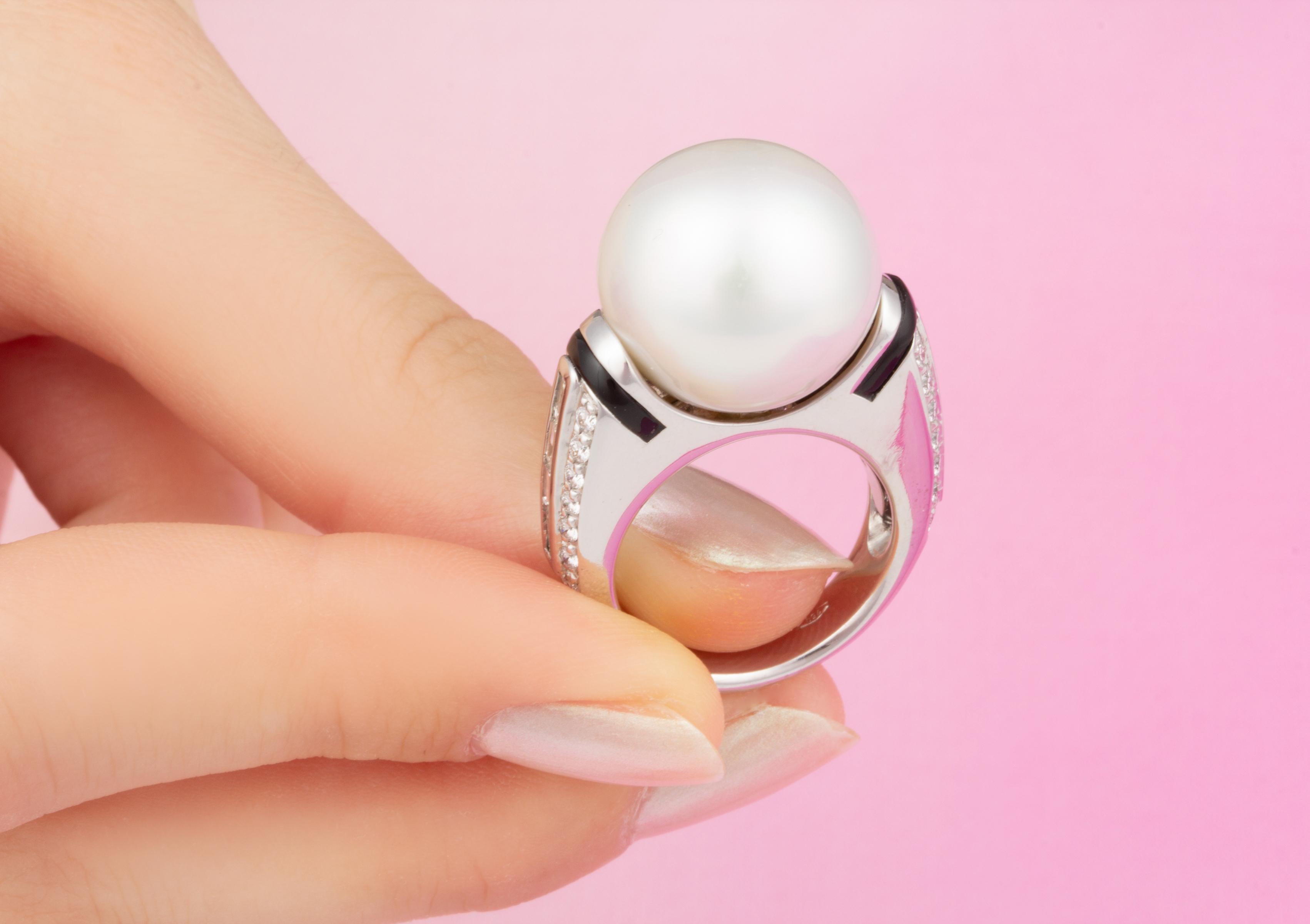 Artist Ella Gafter 17mm South Sea Pearl Diamond Cocktail Ring For Sale