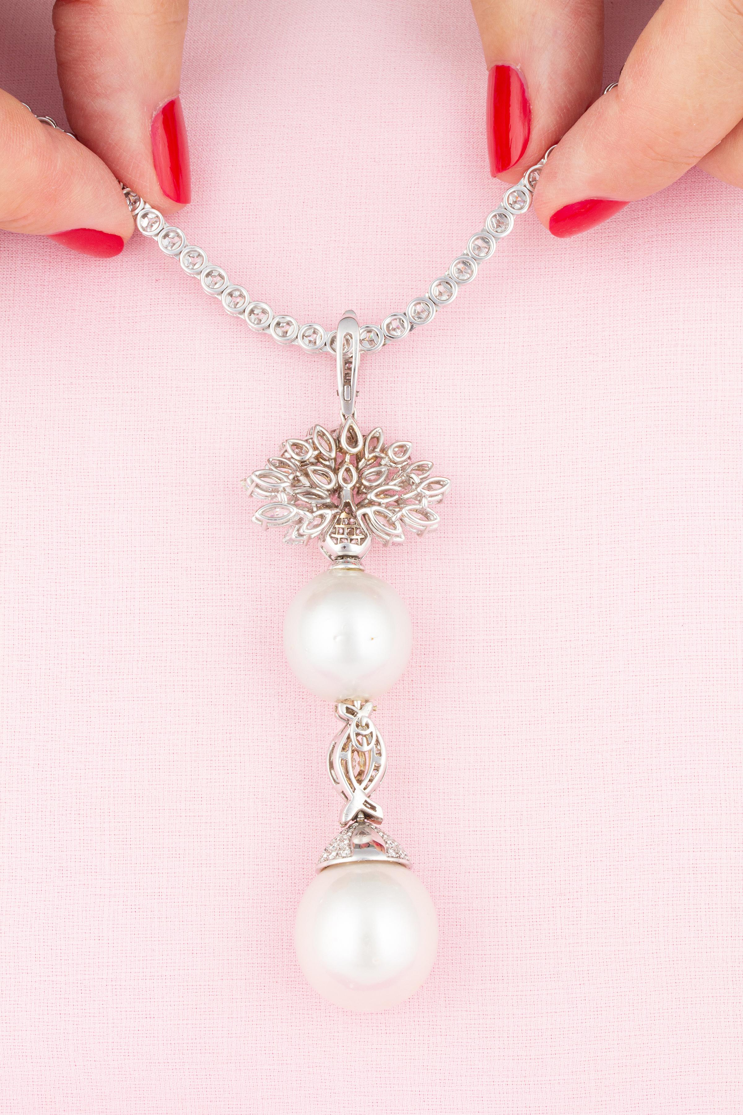 Artist Ella Gafter 17mm South Sea Pearl Diamond Pendant Necklace For Sale