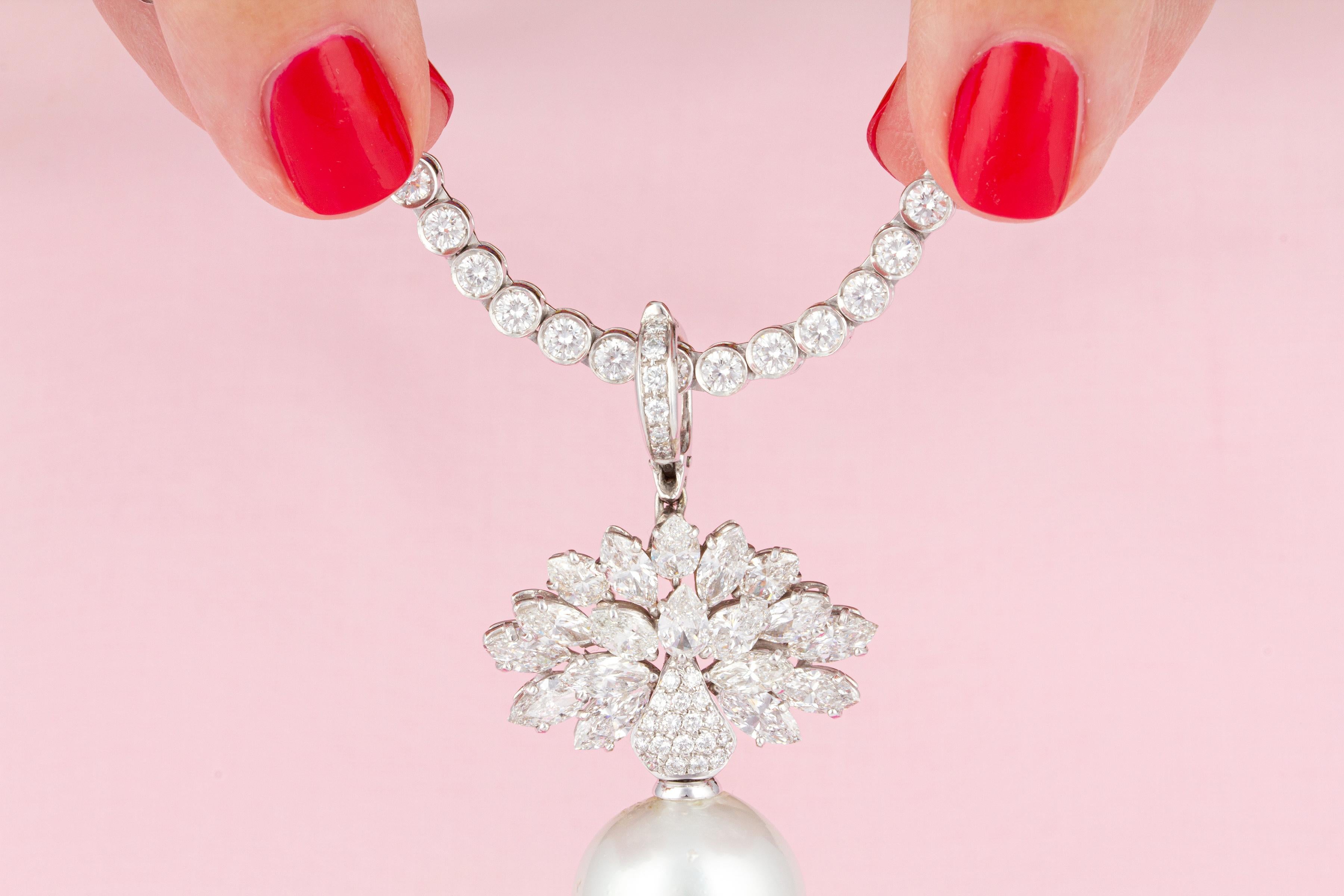 Marquise Cut Diamond Riviera Necklace with 20mm x 18mm Pearl Pendant Design by Ella Gafter For Sale