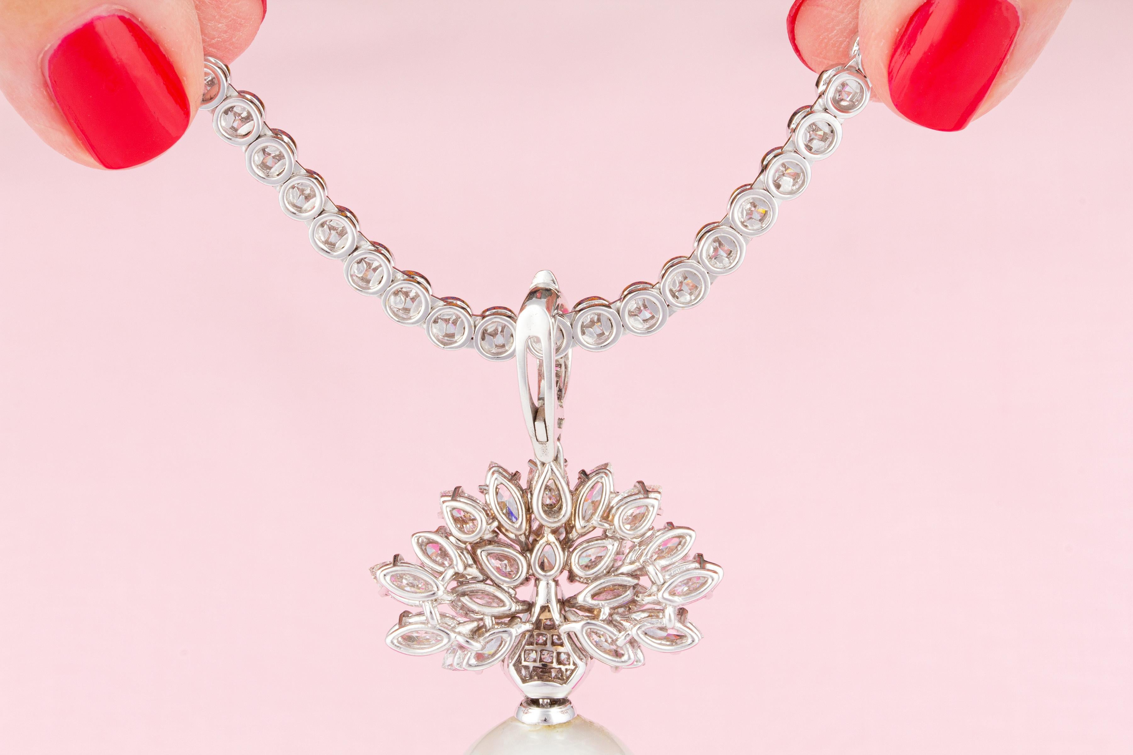 Women's Diamond Riviera Necklace with 20mm x 18mm Pearl Pendant Design by Ella Gafter For Sale