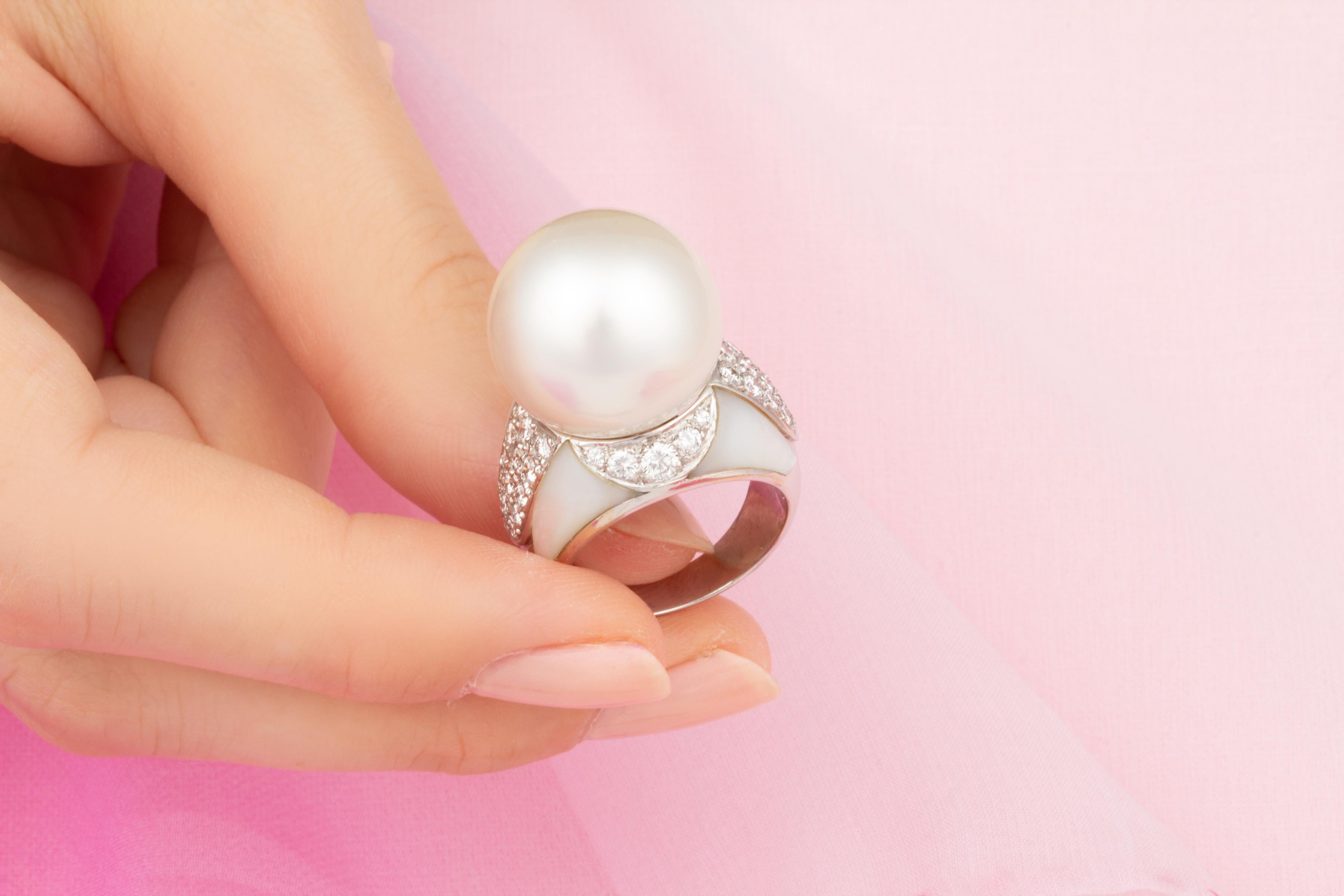 Artist Ella Gafter 17mm South Sea Pearl Diamond Ring For Sale
