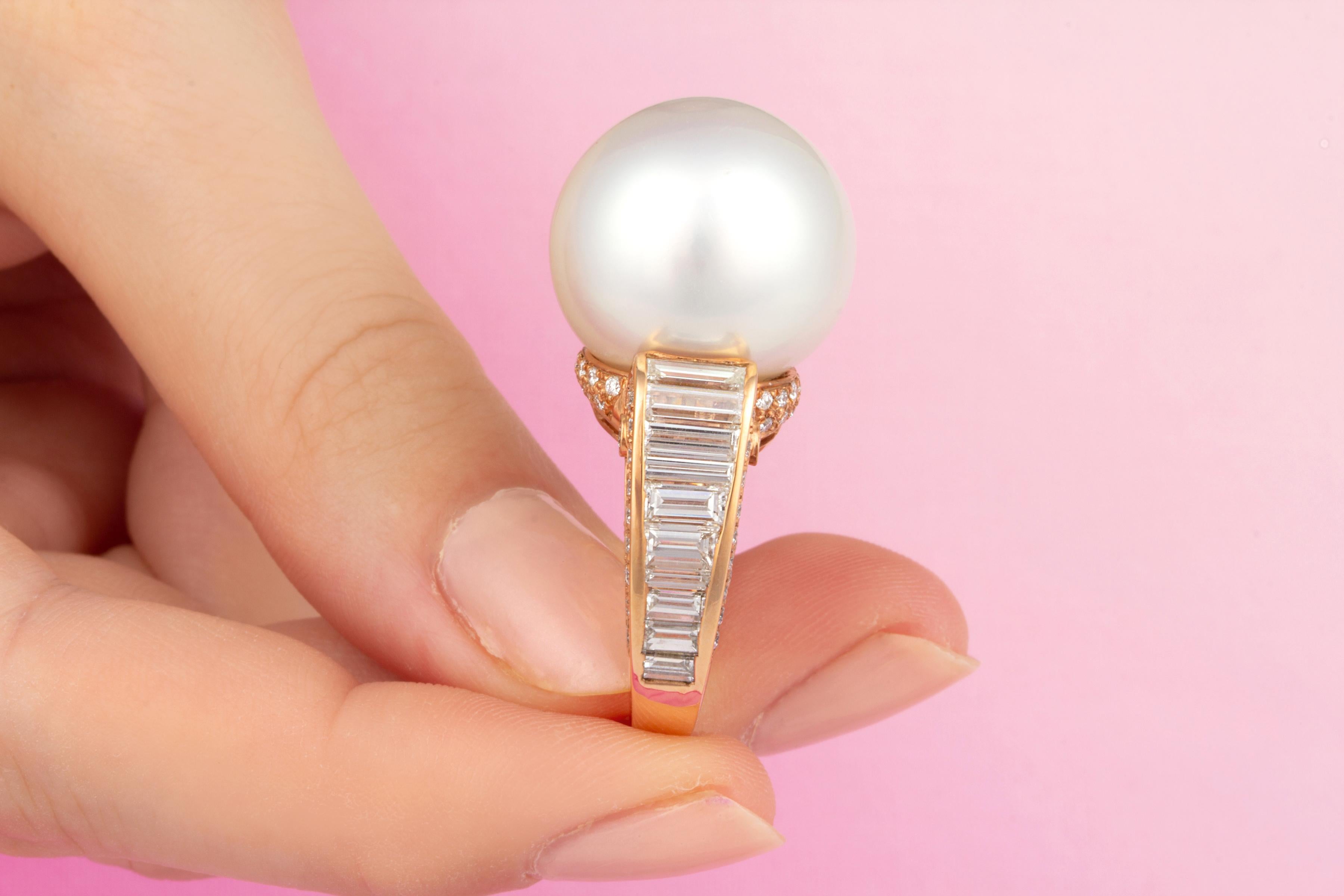 Artist South Sea Pearl 18.5mm Diamond Pink Gold Cocktail Ring Design by Ella Gafter For Sale