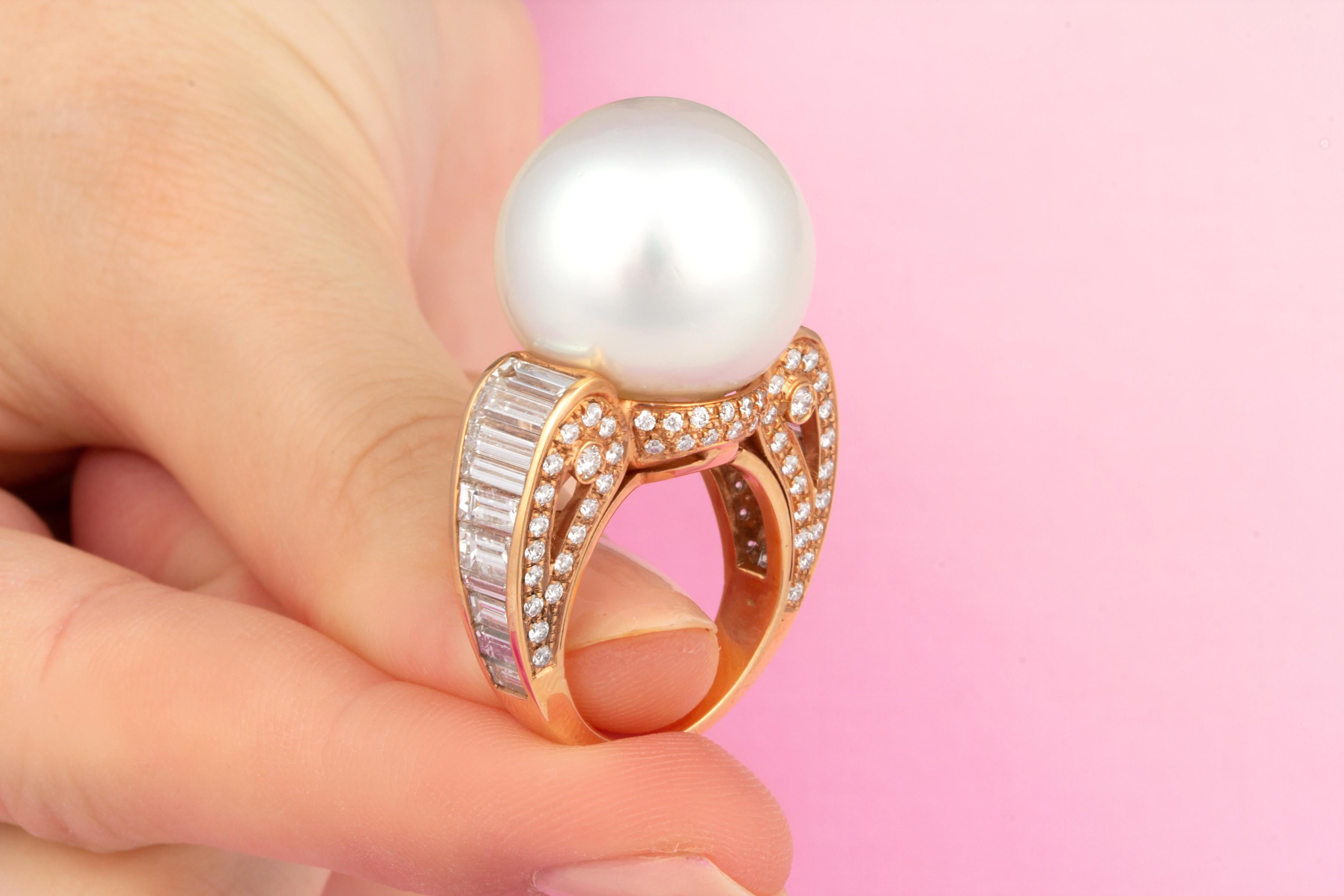 Brilliant Cut Ella Gafter 18.5mm South Sea Pearl Diamond Cocktail Ring For Sale