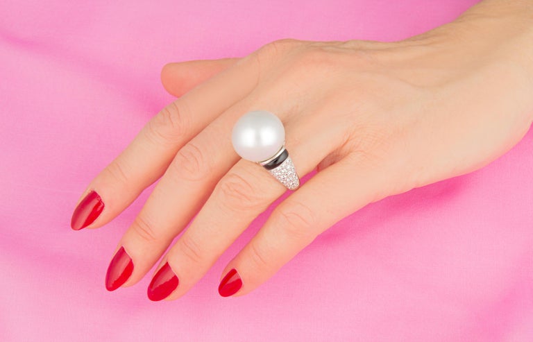 Pearl Onyx Diamond Cocktail Ring White Gold Design by Ella