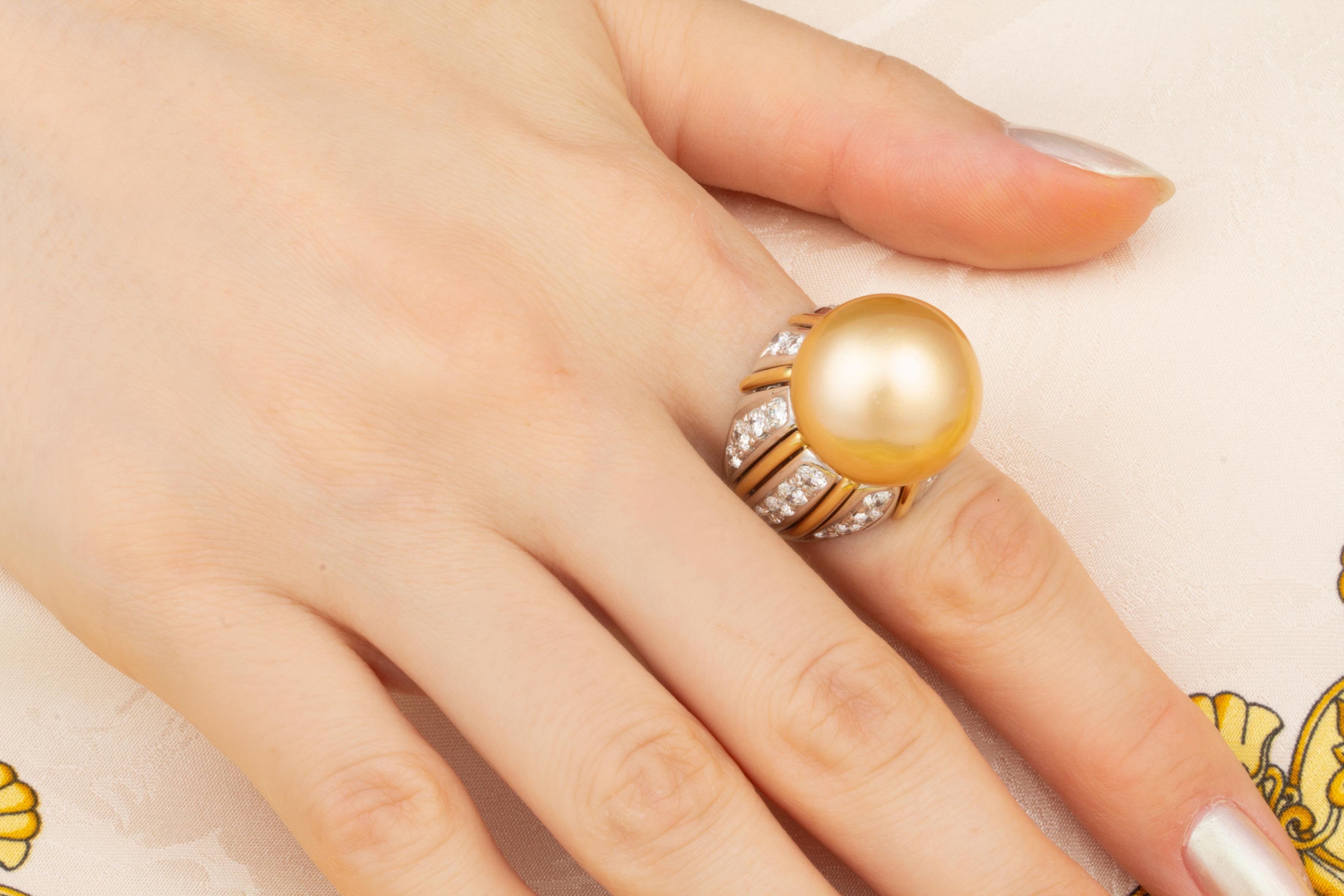 Artist Ella Gafter 18mm Golden Pearl Diamond Ring For Sale