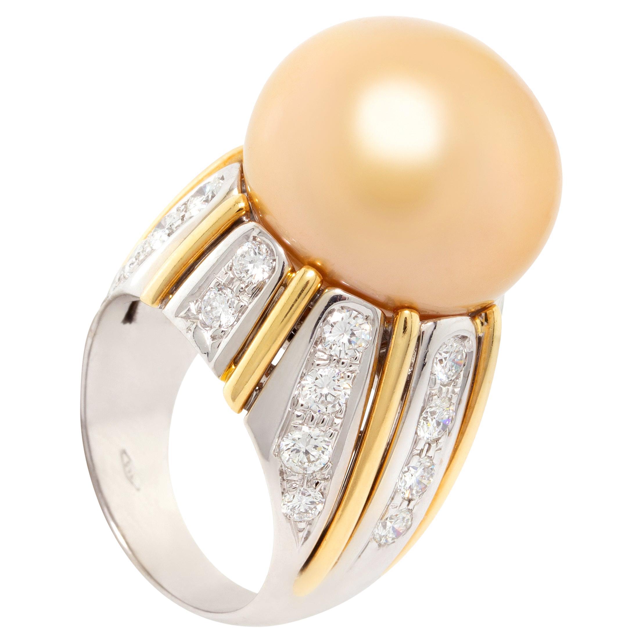 Golden Pearl 18mm Diamond Ring Dome Design by Ella Gafter